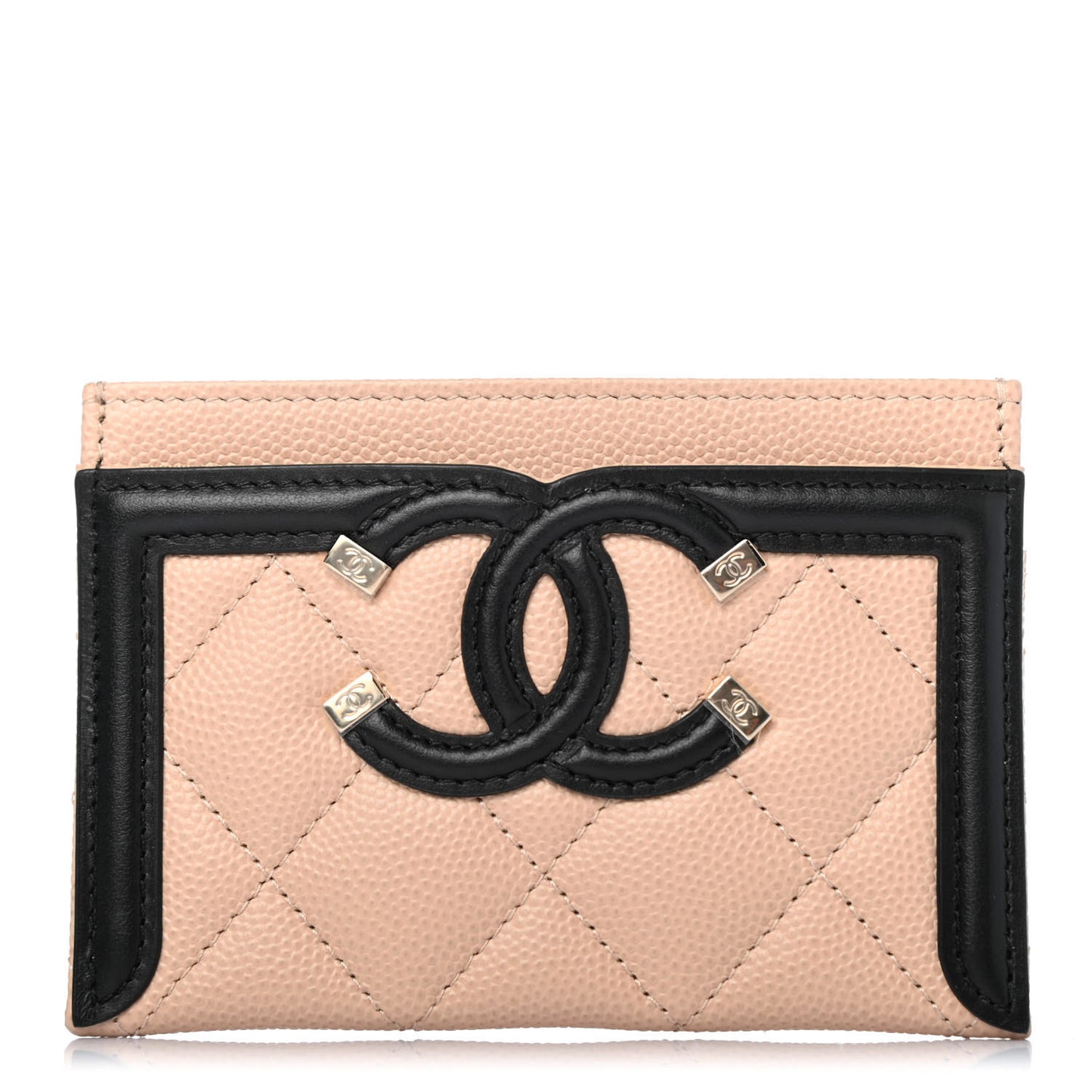 Caviar Quilted Filigree Card Holder Beige Black