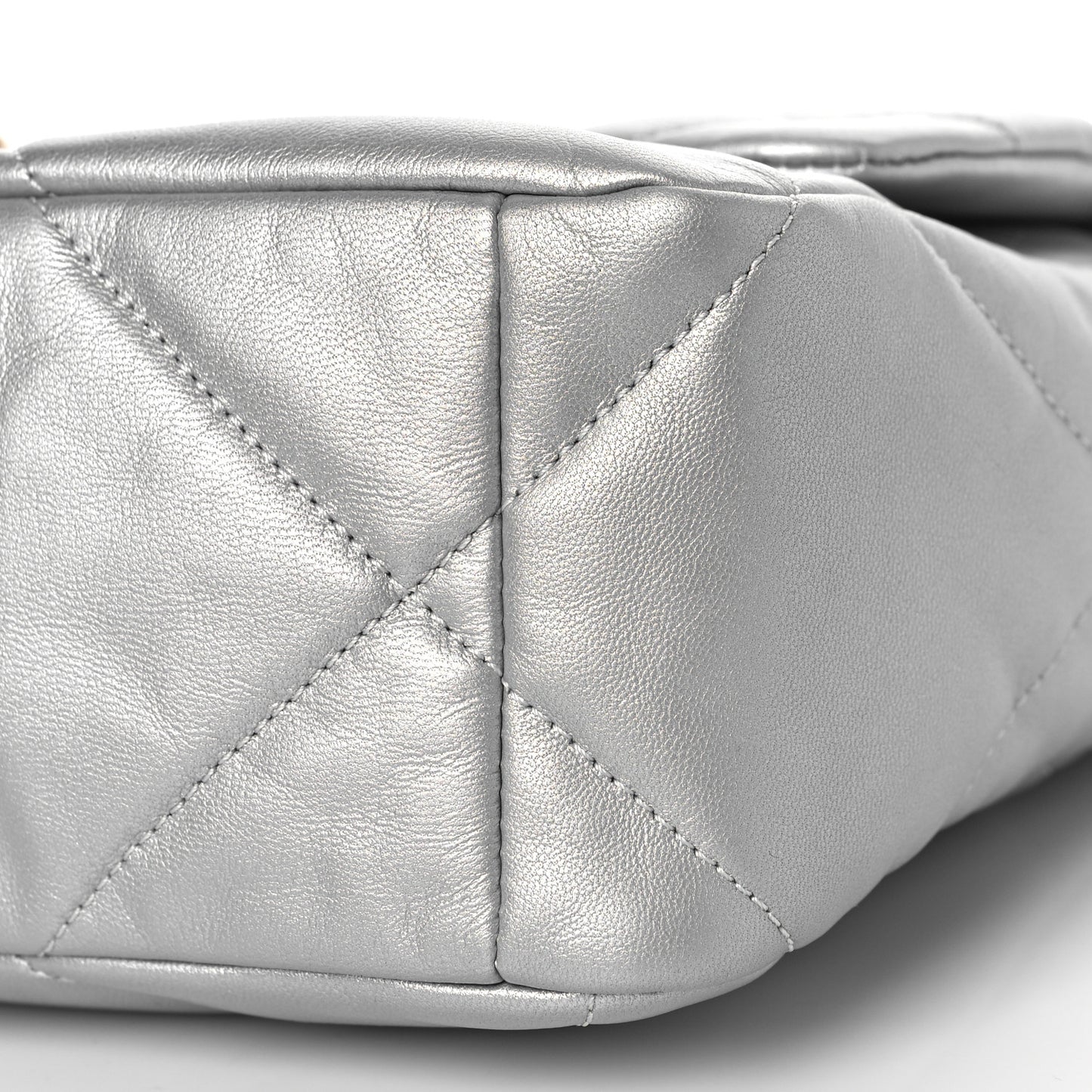 Metallic Goatskin Quilted Large Chanel 19 Flap Silver
