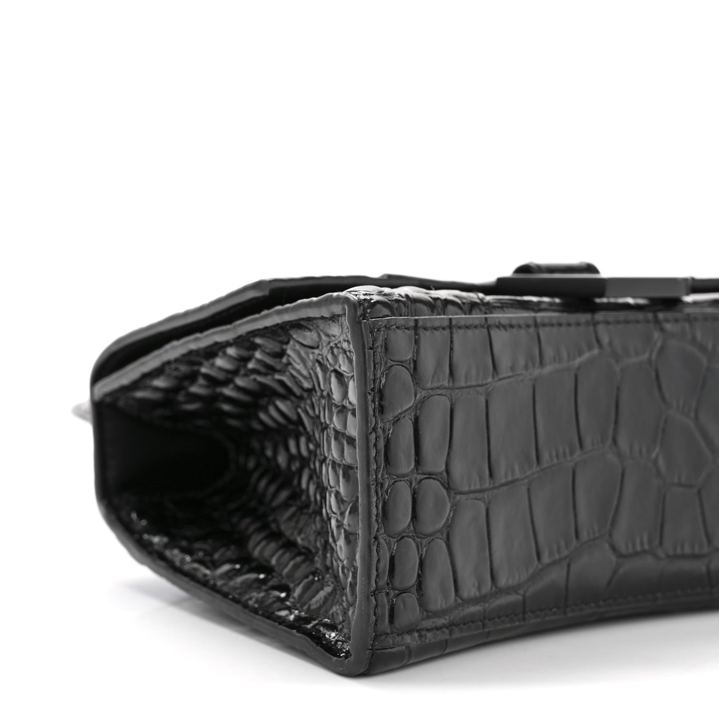 Shiny Calfskin Monochrome Crocodile Embossed Hourglass Top Handle Bag XS Black
