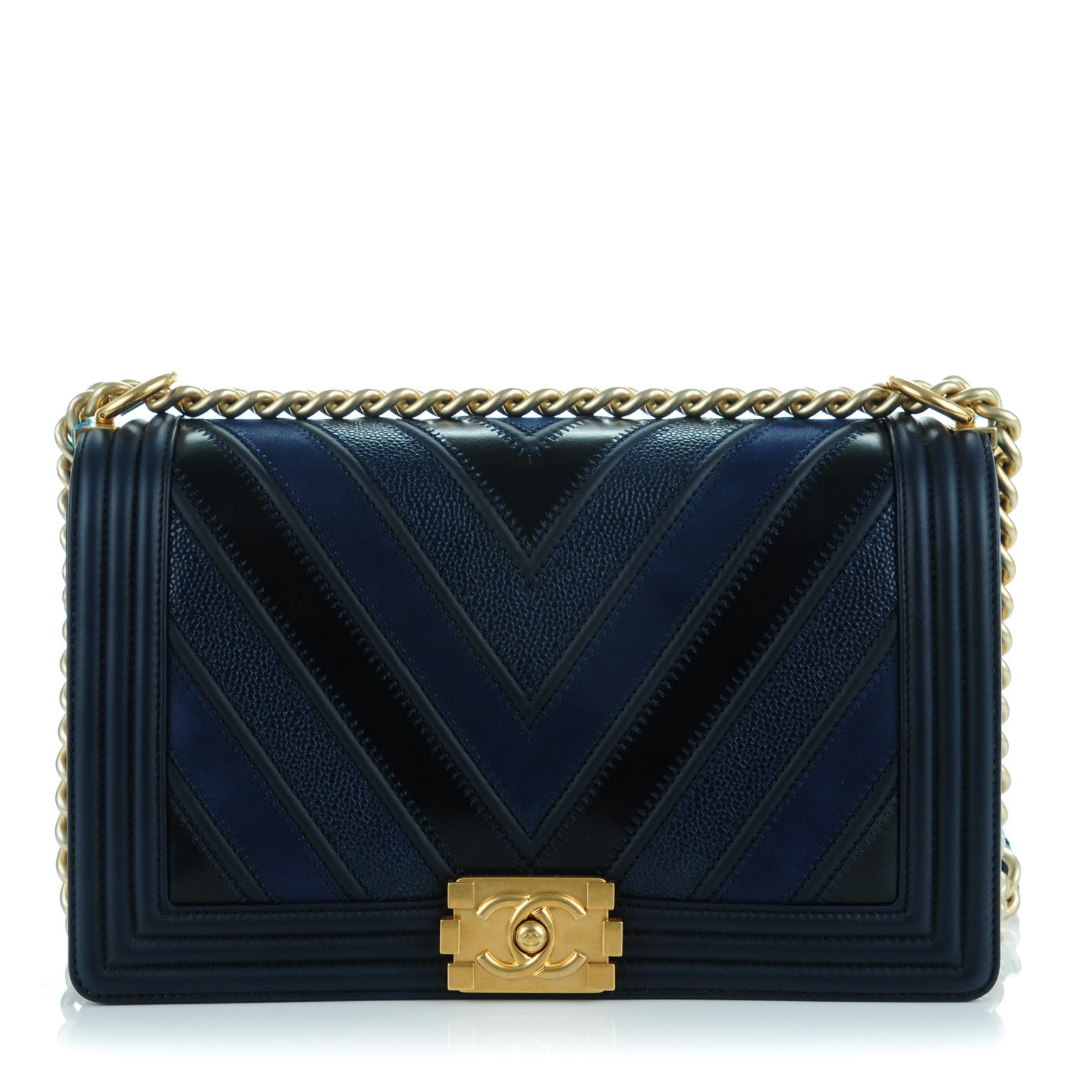 Chanel Calfskin Caviar Suede Chevron New Medium Boy Flap Navy 1 of 7