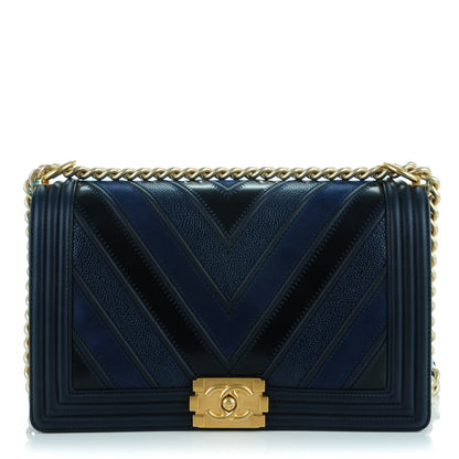 Chanel Calfskin Caviar Suede Chevron New Medium Boy Flap Navy 1 of 7