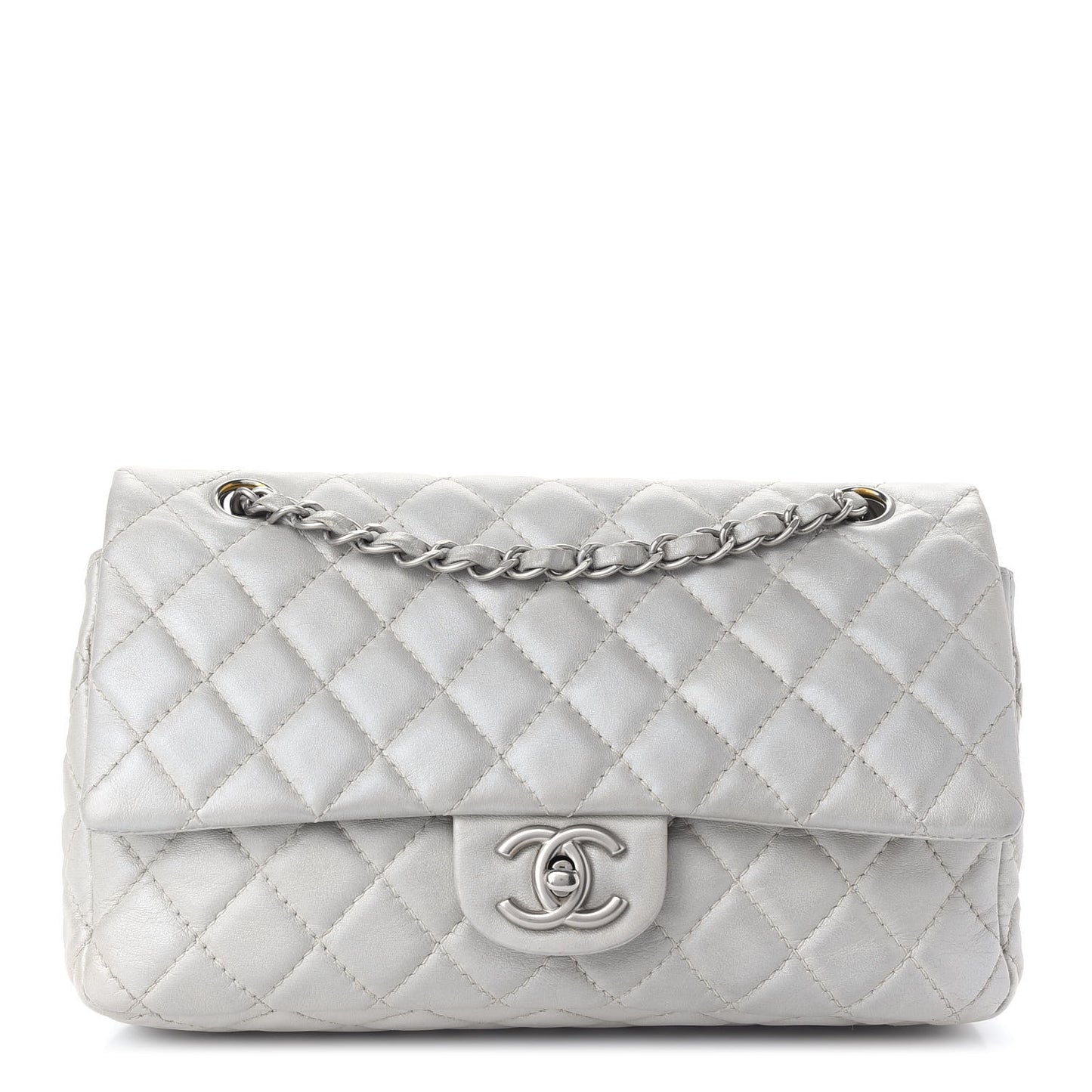 Metallic Lambskin Quilted Medium Double Flap Silver