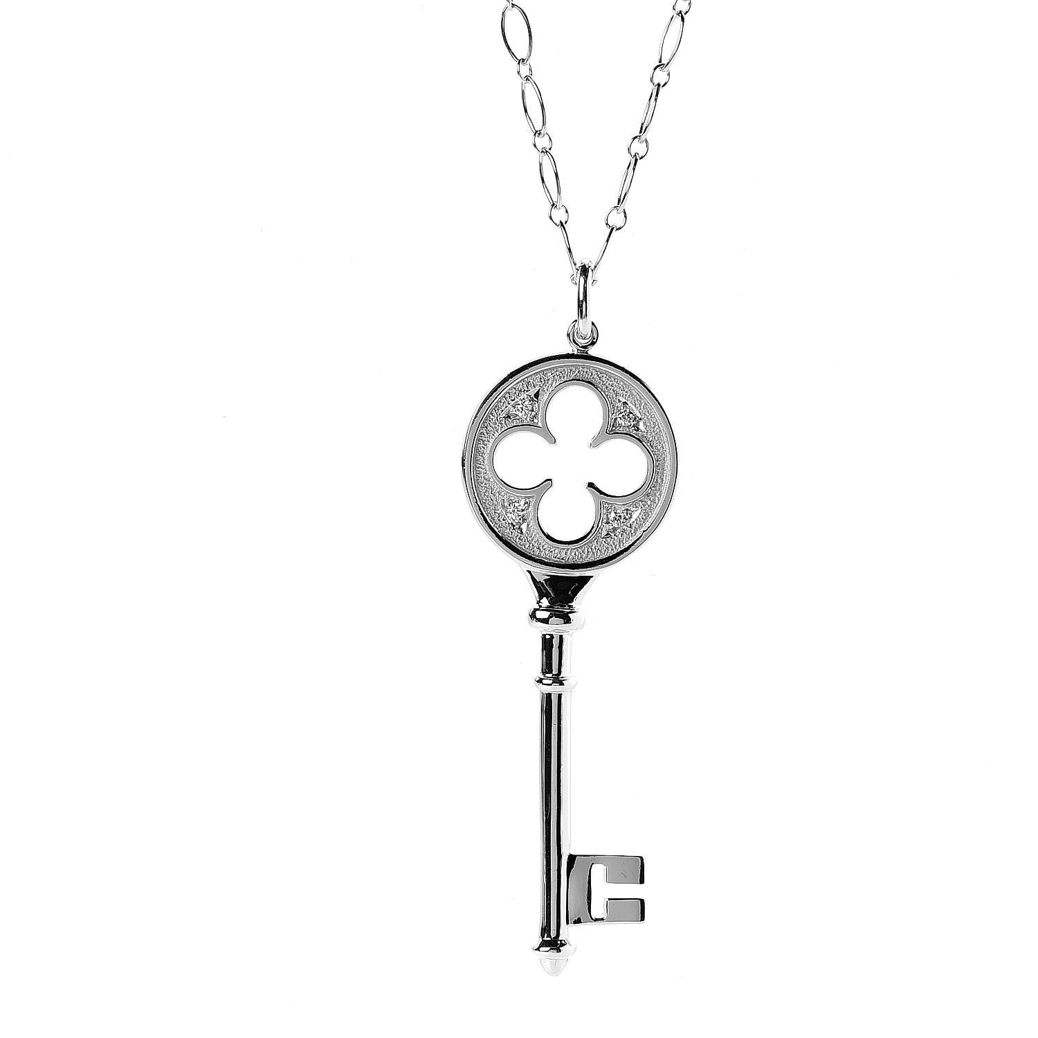 Tiffany 18K White Gold Diamond Quatrefoil Key Pendant Necklace 4 of 6