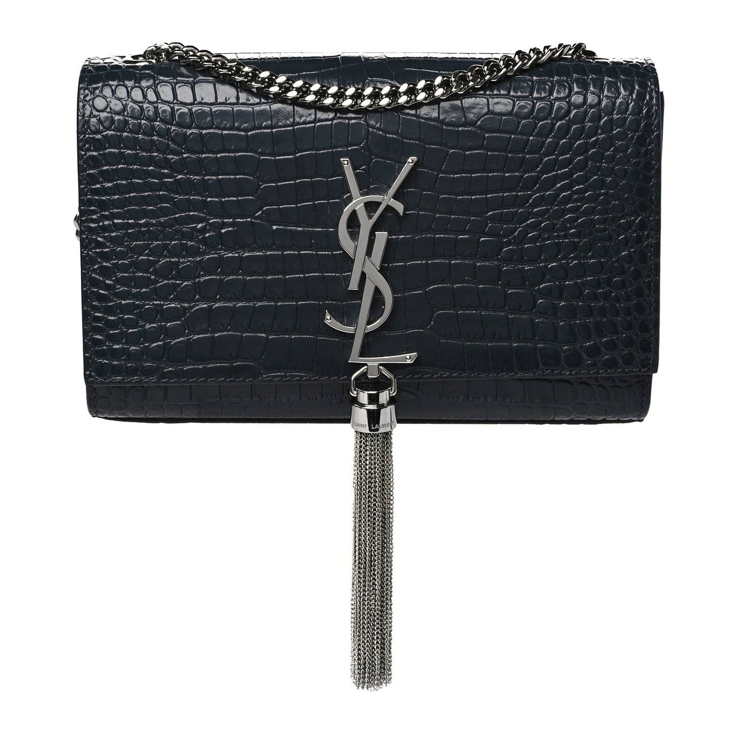 Calfskin Crocodile Embossed Small Classic Monogram Kate Tassel Satchel Navy