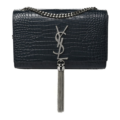 Saint Laurent Calfskin Crocodile Embossed Small Classic Monogram Kate Tassel Satchel Navy 1 of 8
