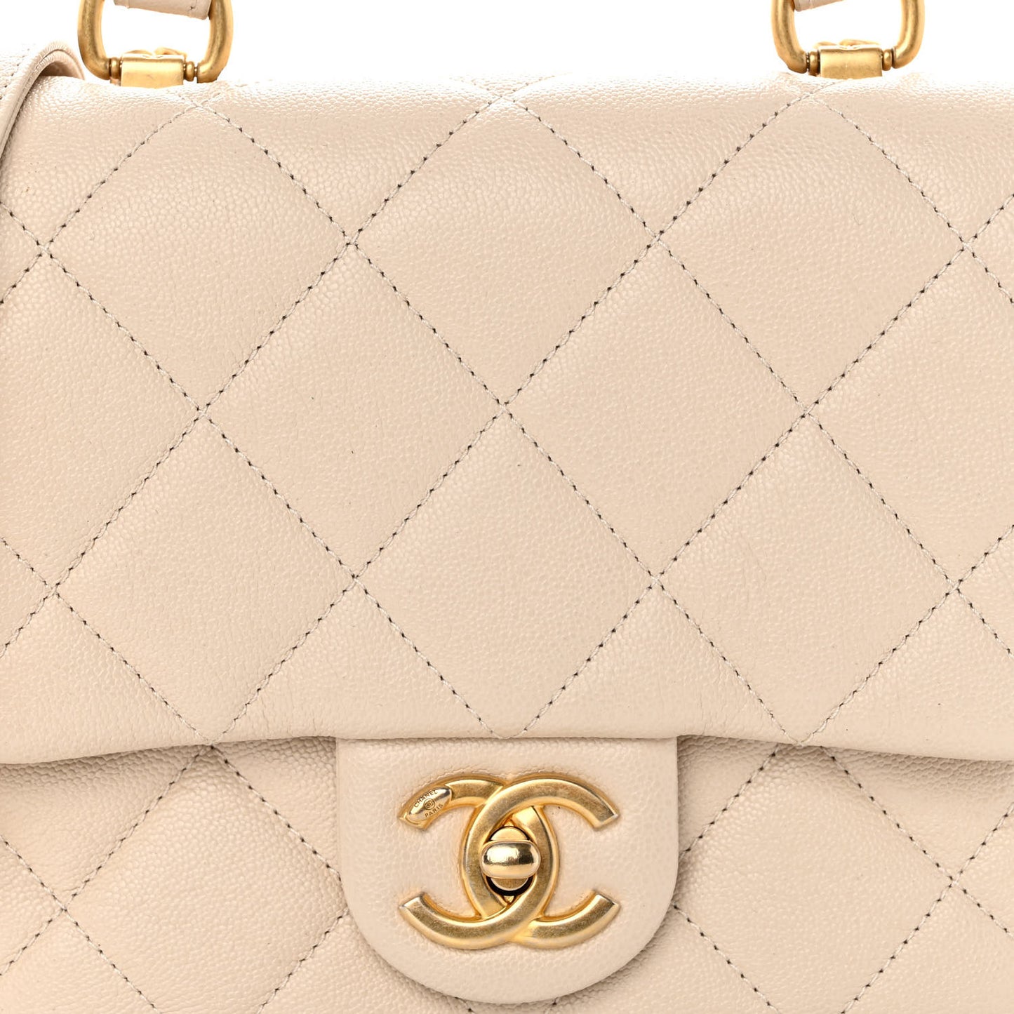 Shiny Caviar Quilted Mini Top Handle Flap Ecru