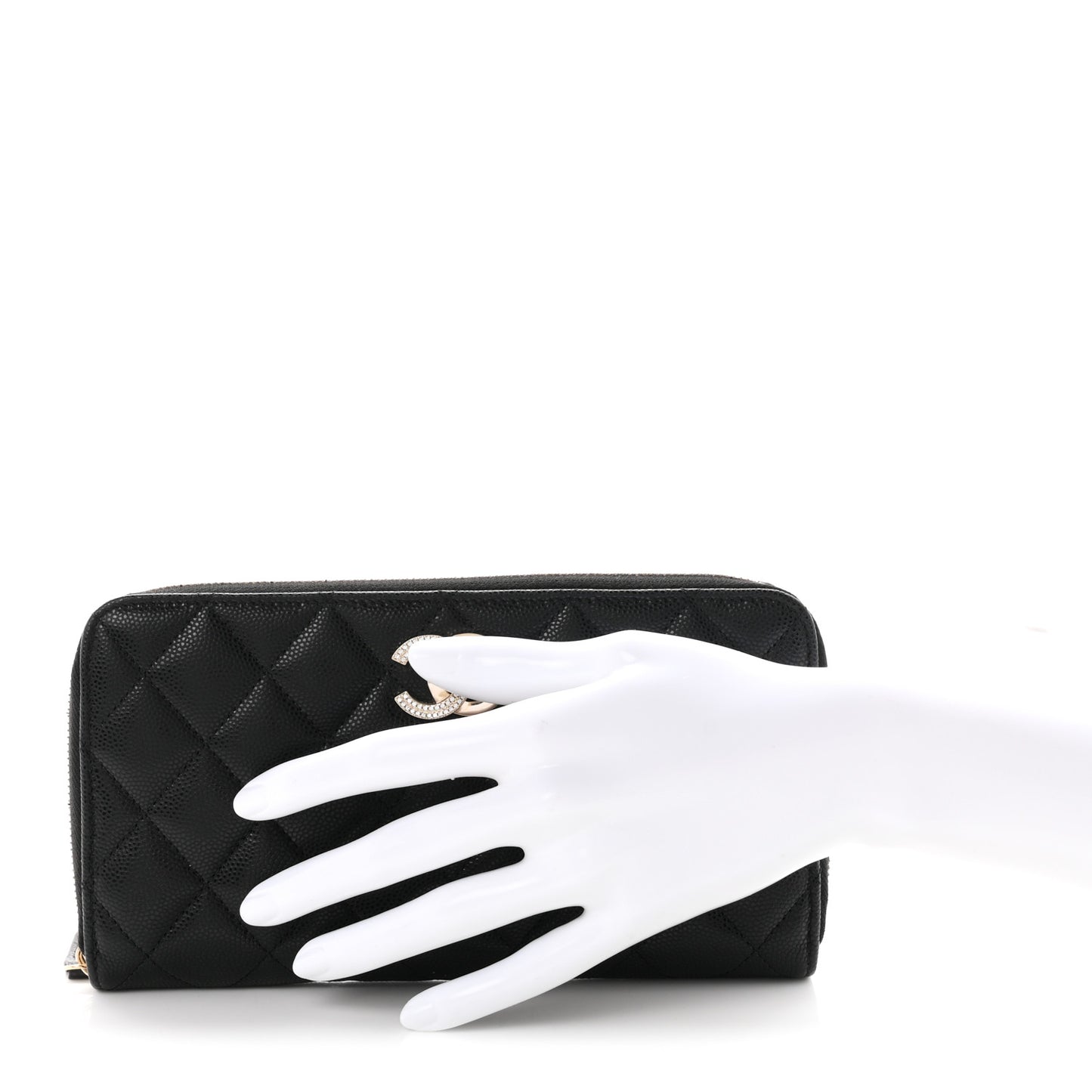 Caviar Quilted Crystal CC Long Zipped Wallet Black