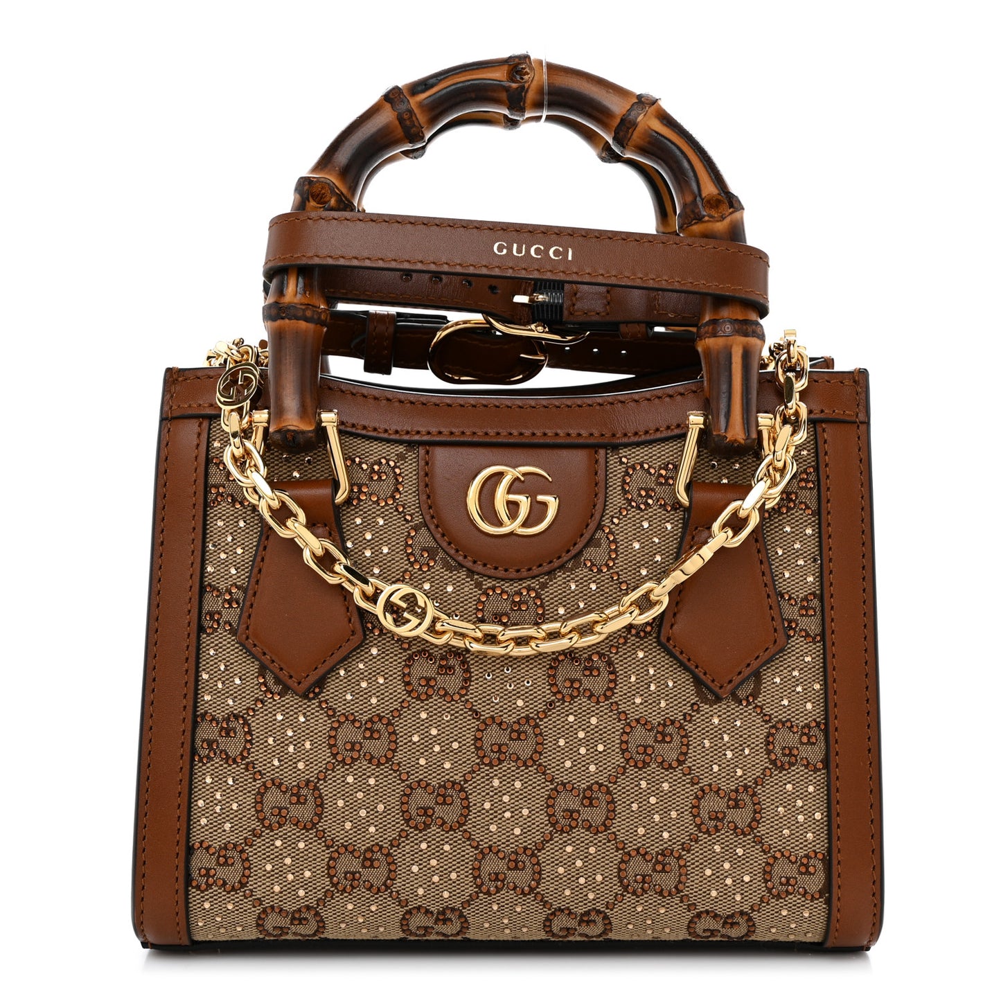 New Canvas Charisma Calfskin Crystal GG Monogram Mini Diana Tote Bag Camel Ebony