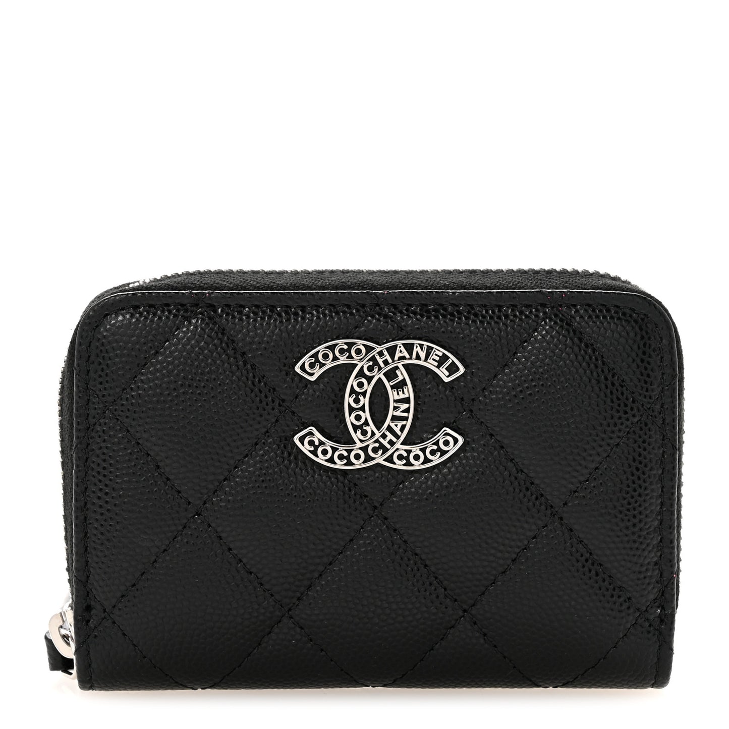 Caviar Quilted Coco Chanel Logo CC Zip Coin Purse Black