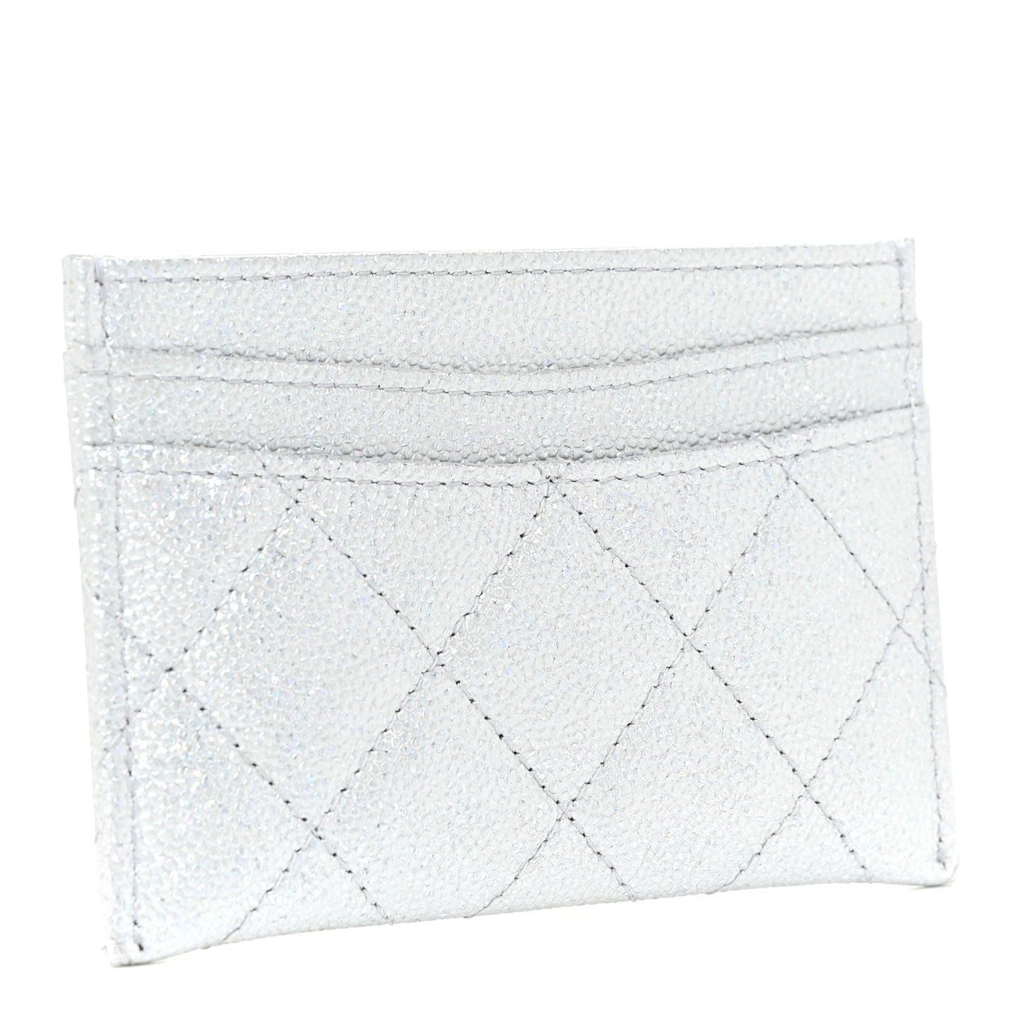Glittered Metallic Caviar Quilted Card Holder Silver