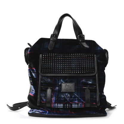 Christian Louboutin Velvet Tartan Spiked SYD Backpack Blue Khol Gun 1 of 10