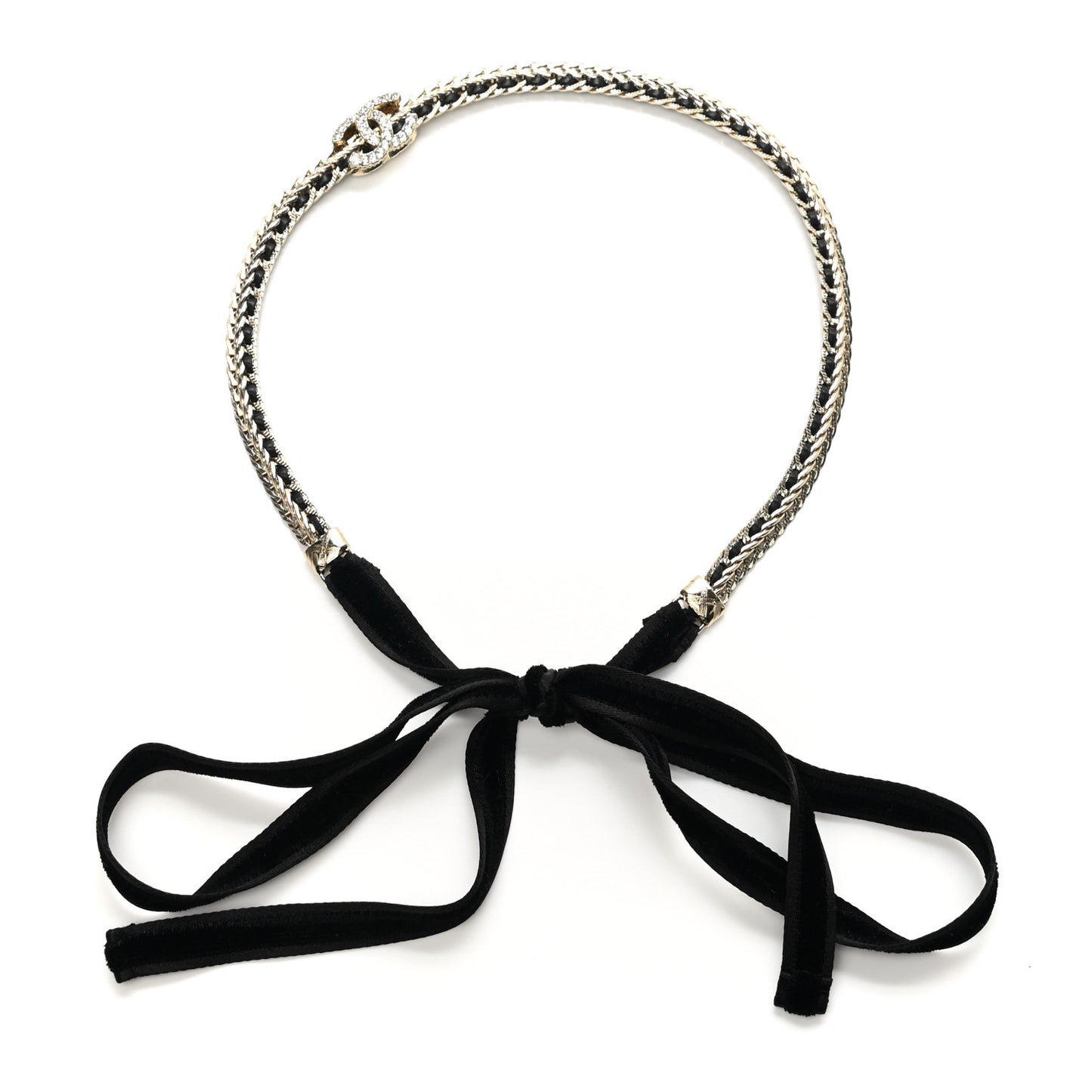 Metal Lambskin Crystal CC Chain Tie Headband Gold Black