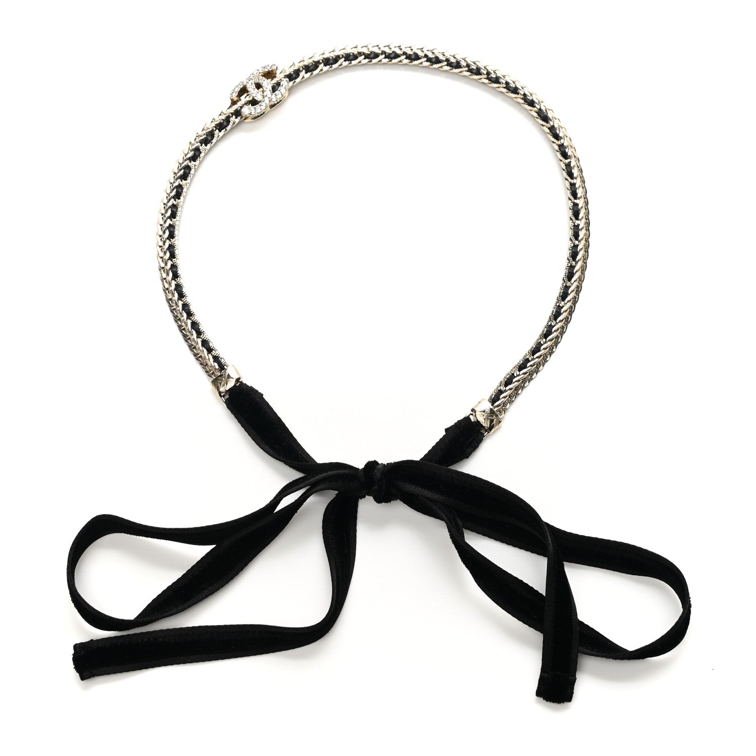Chanel Metal Lambskin Crystal CC Chain Tie Headband Gold Black 1 of 3
