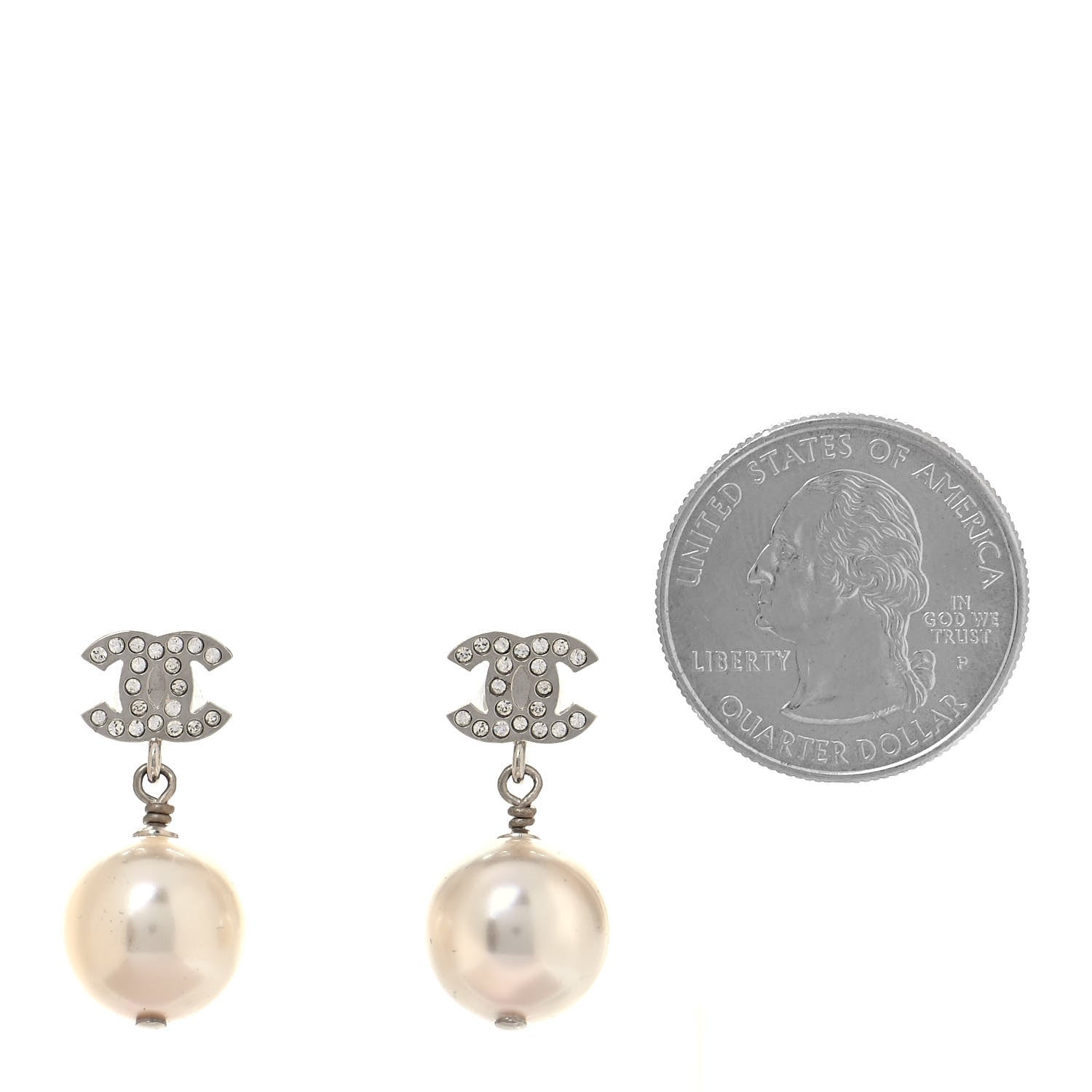 Chanel Crystal Pearl CC Drop Earrings Silver 2 of 4