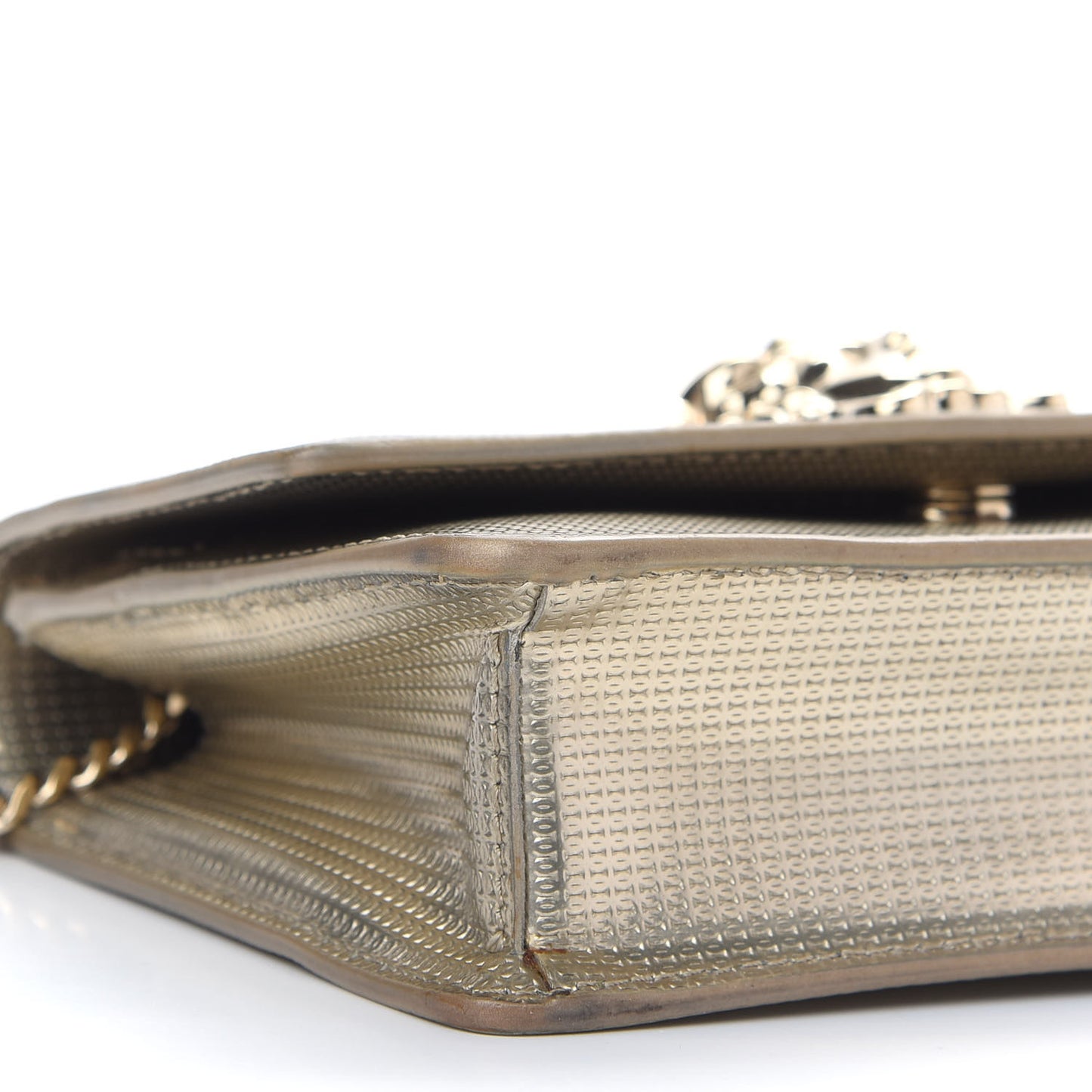 Patent Embossed Medusa Evening Clutch Bag Gold