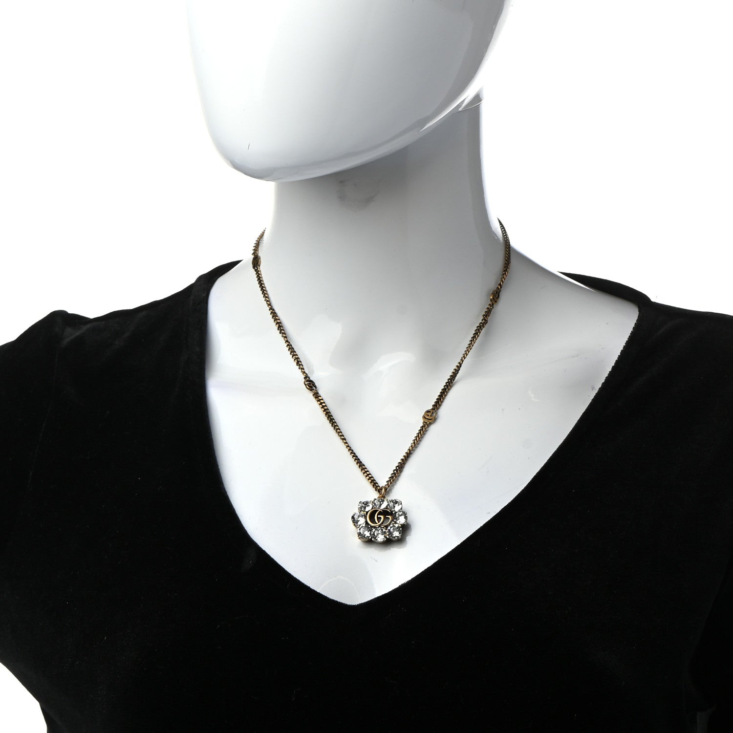 Gucci Crystal Embellished Double G Necklace Aged Gold 2 of 6