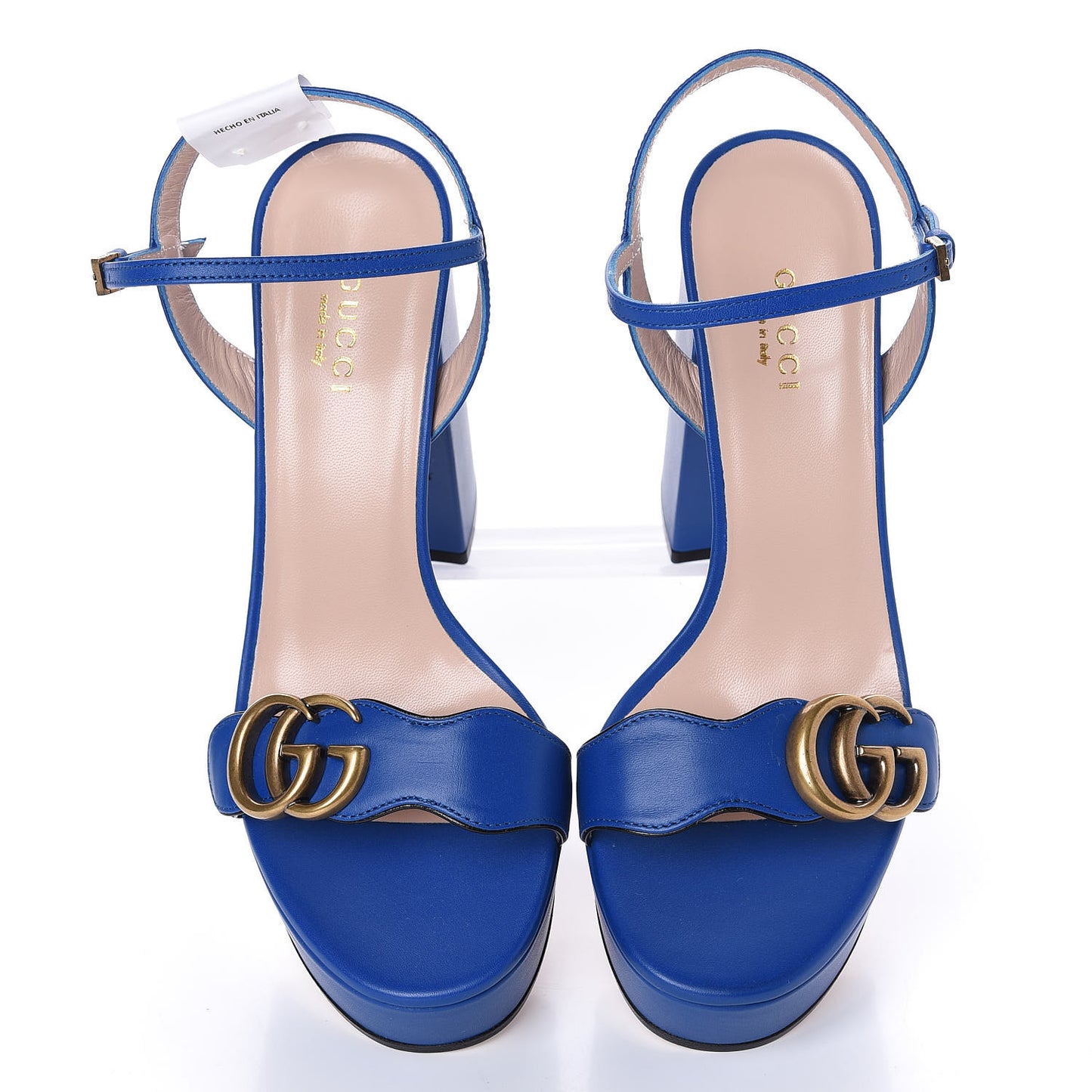 Calfskin GG Marmont Ankle Wrap 30/115mm Platform Sandals 36.5 Bright Blue