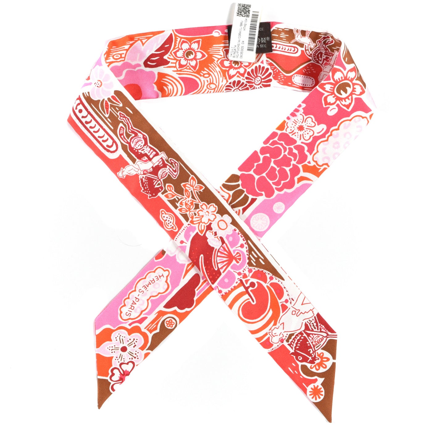 Silk Bingata Twilly Fuchsia Corail Brun