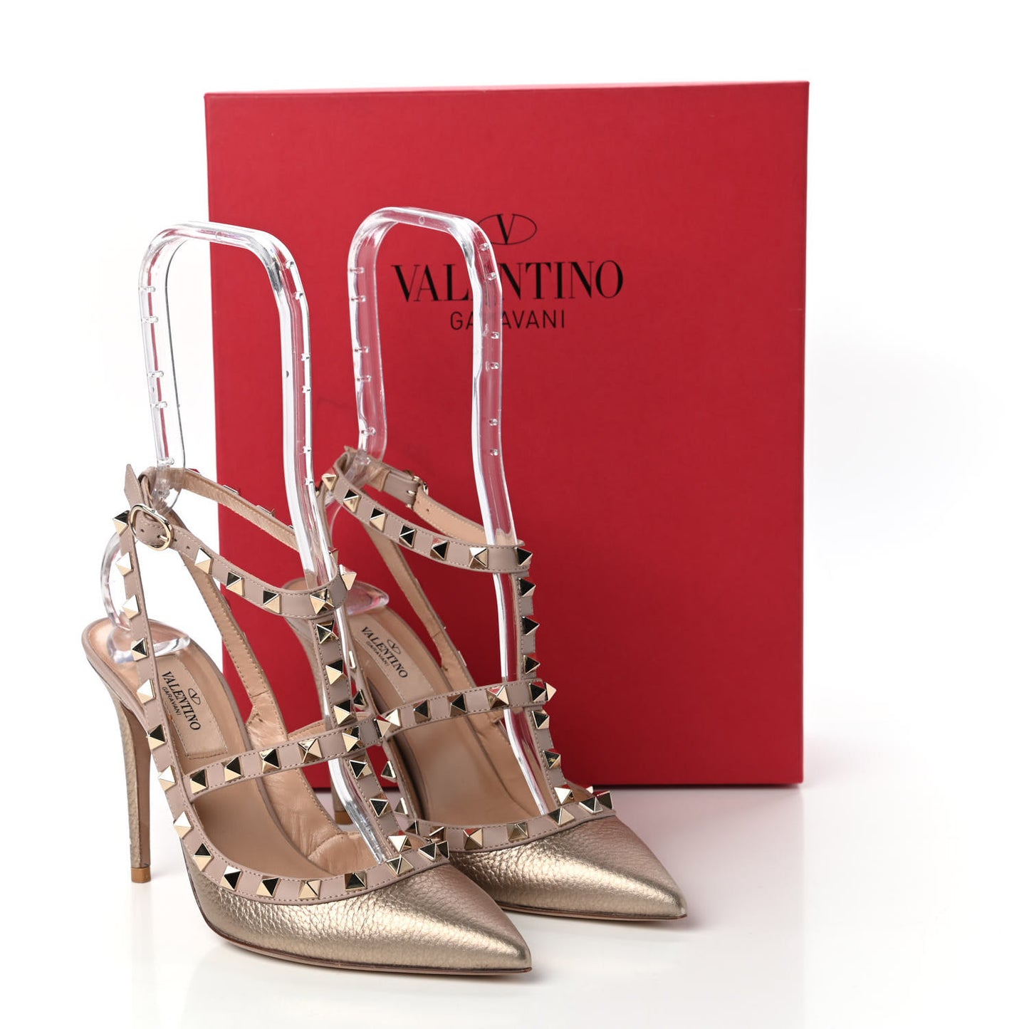 Metallic Pebbled Calfskin Rockstud Ankle Strap 100mm Pumps 36.5 Skin Poudre