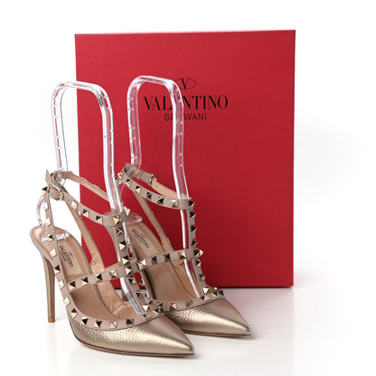 Valentino Garavani Metallic Pebbled Calfskin Rockstud Ankle Strap 100mm Pumps 36.5 Skin Poudre 8 of 8