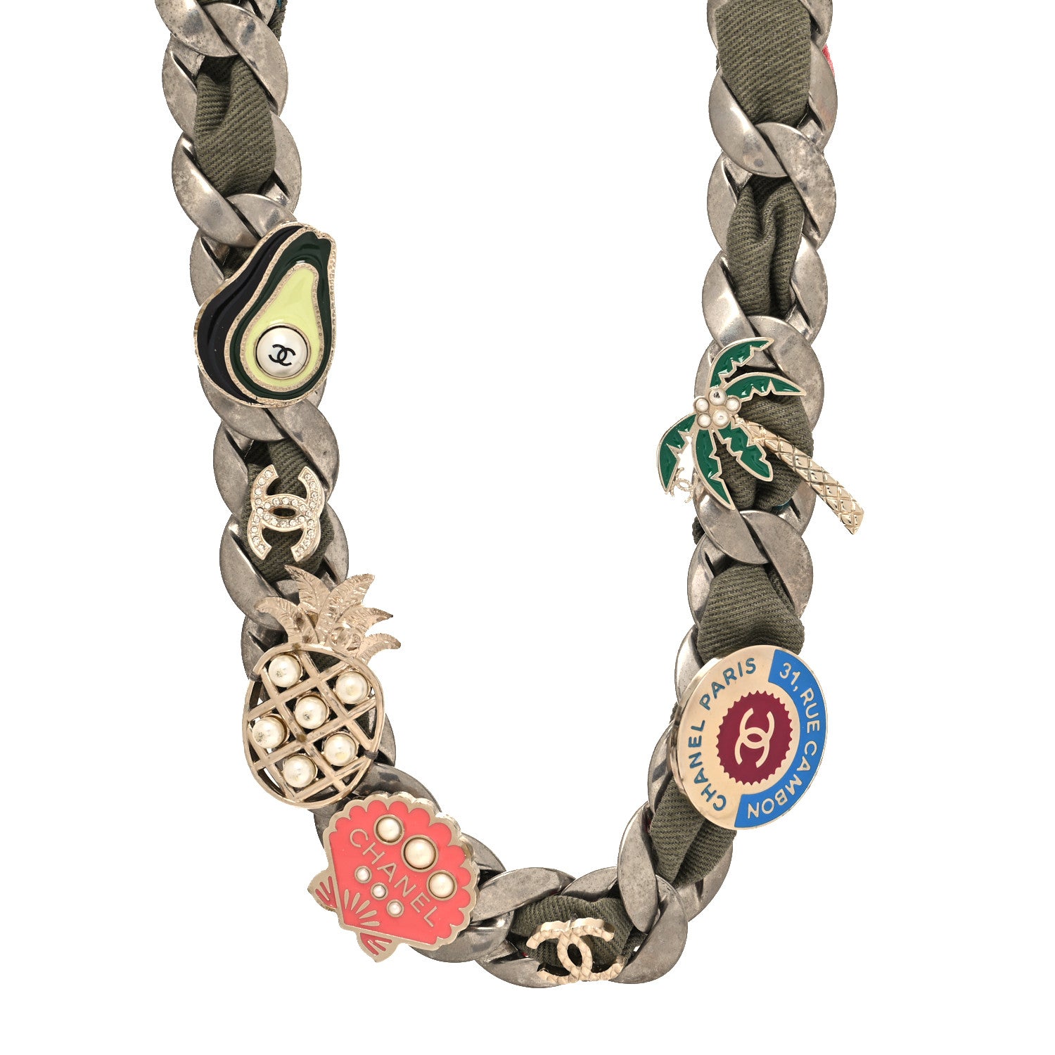 Chanel Metal Fabric Strass Pearl Cuba CC Chain Link Choker Necklace Green Pink Silver Gold 1 of 5