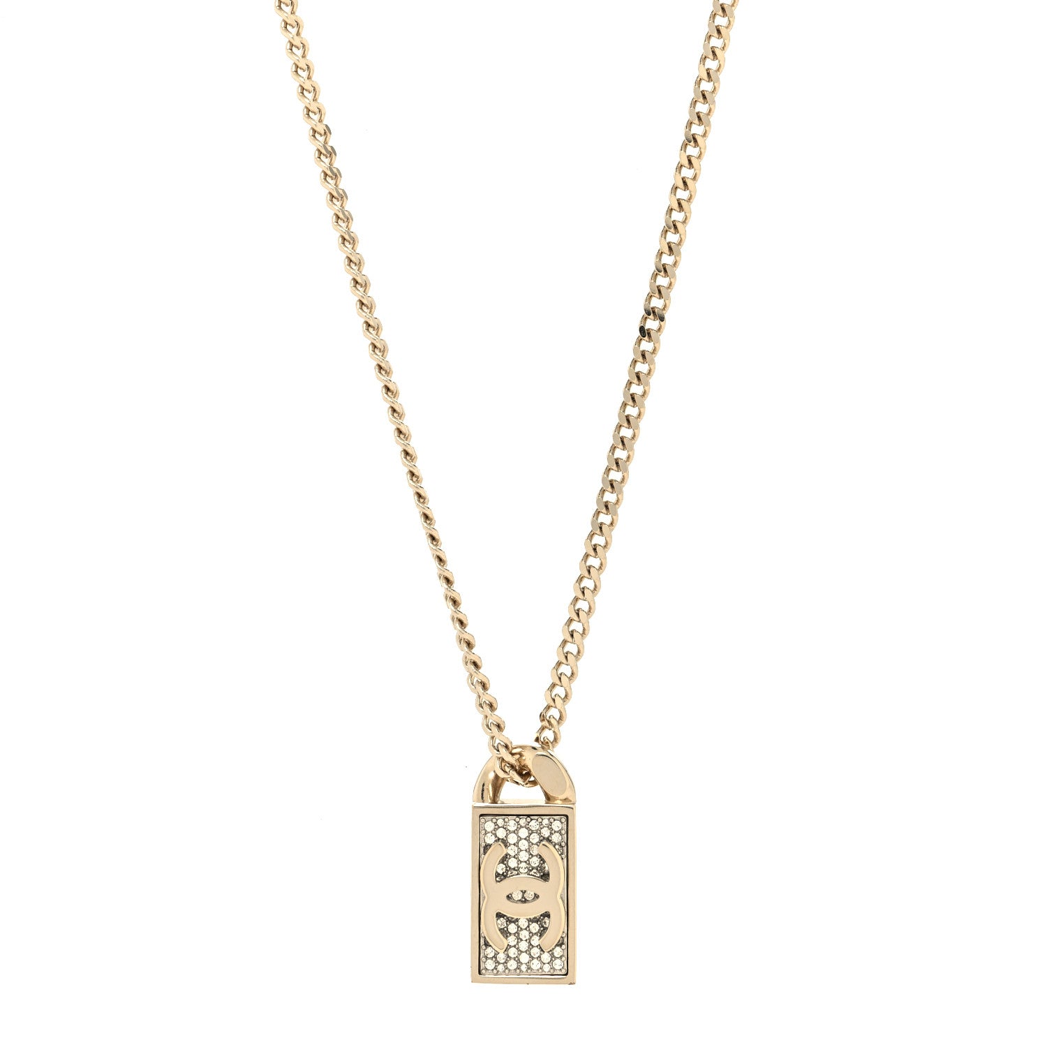 Chanel Crystal Dog Tag Charm Necklace Gold 2 of 5