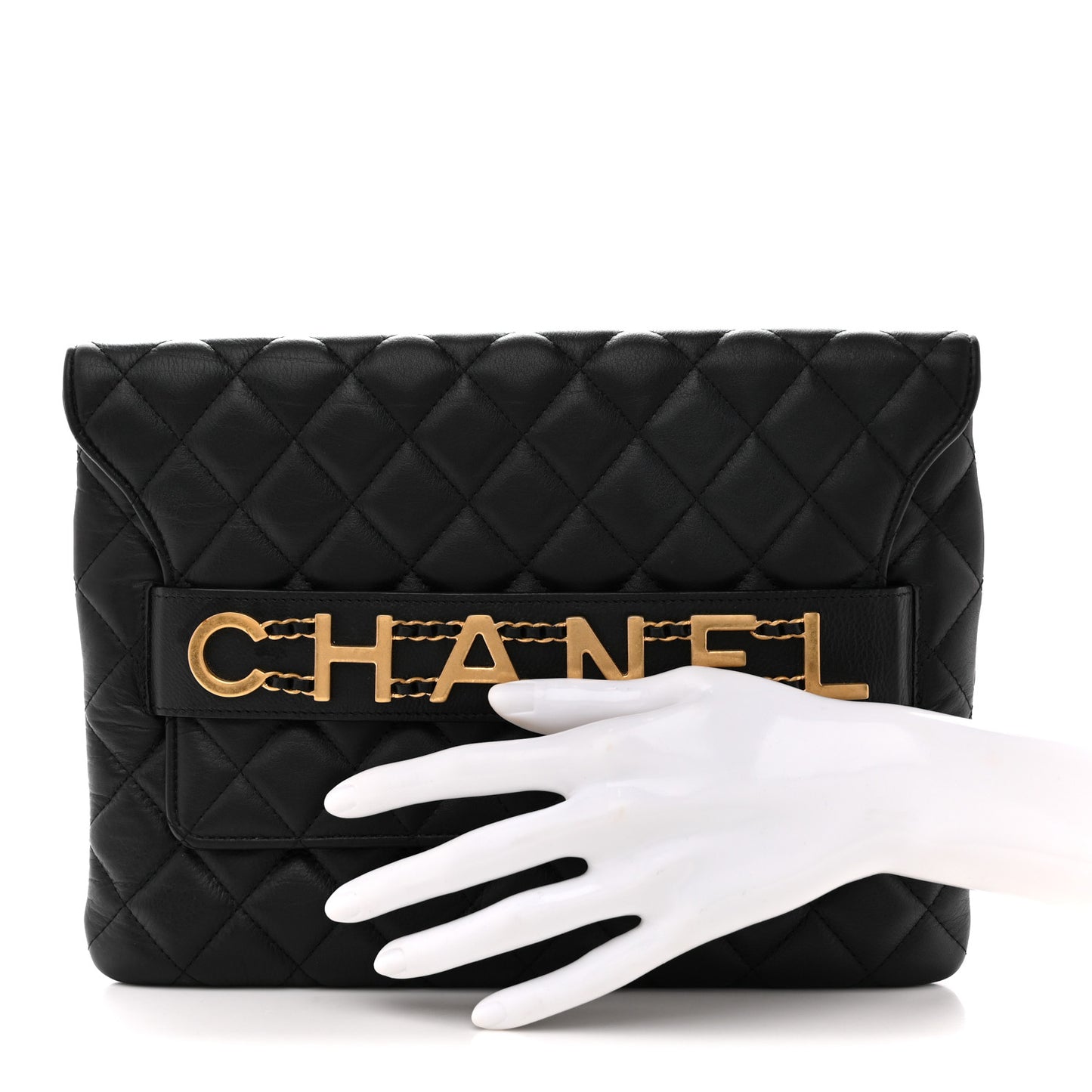 Calfskin Quilted Front Logo Enchained Clutch Black