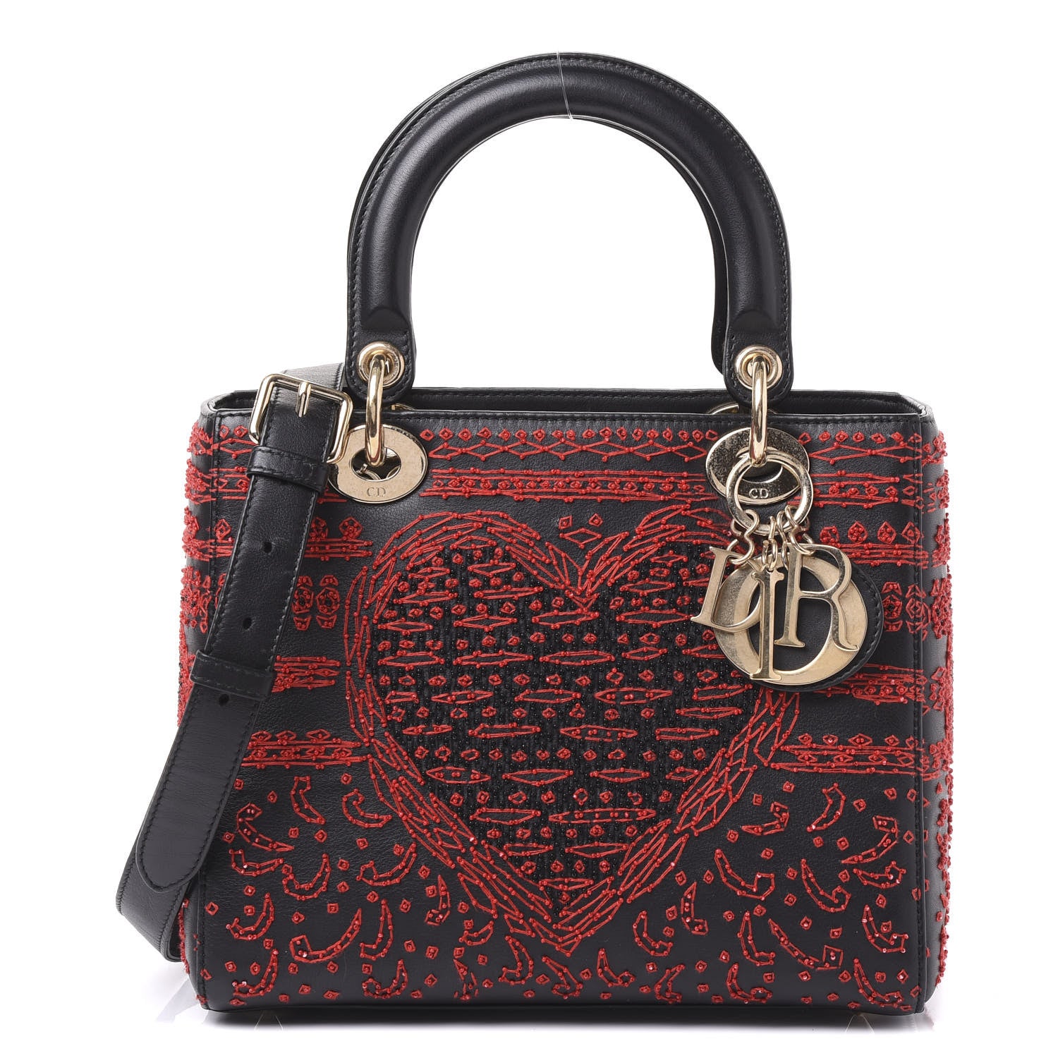 Christian Dior Smooth Calfskin Embroidered Heart Medium Lady Dior Black 1 of 8