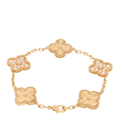 Van Cleef & Arpels 18K Yellow Gold Diamond 5 Motifs Guilloche Vintage Alhambra Bracelet 2 of 7