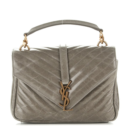 Saint Laurent Waxed Calfskin Matelasse Chevron Medium Monogram College Bag Fog Gray 1 of 6