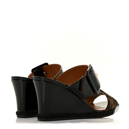 Fendi Zucca Vernice Zeppa Wedge Sandals 37 Tobacco Black 4 of 8