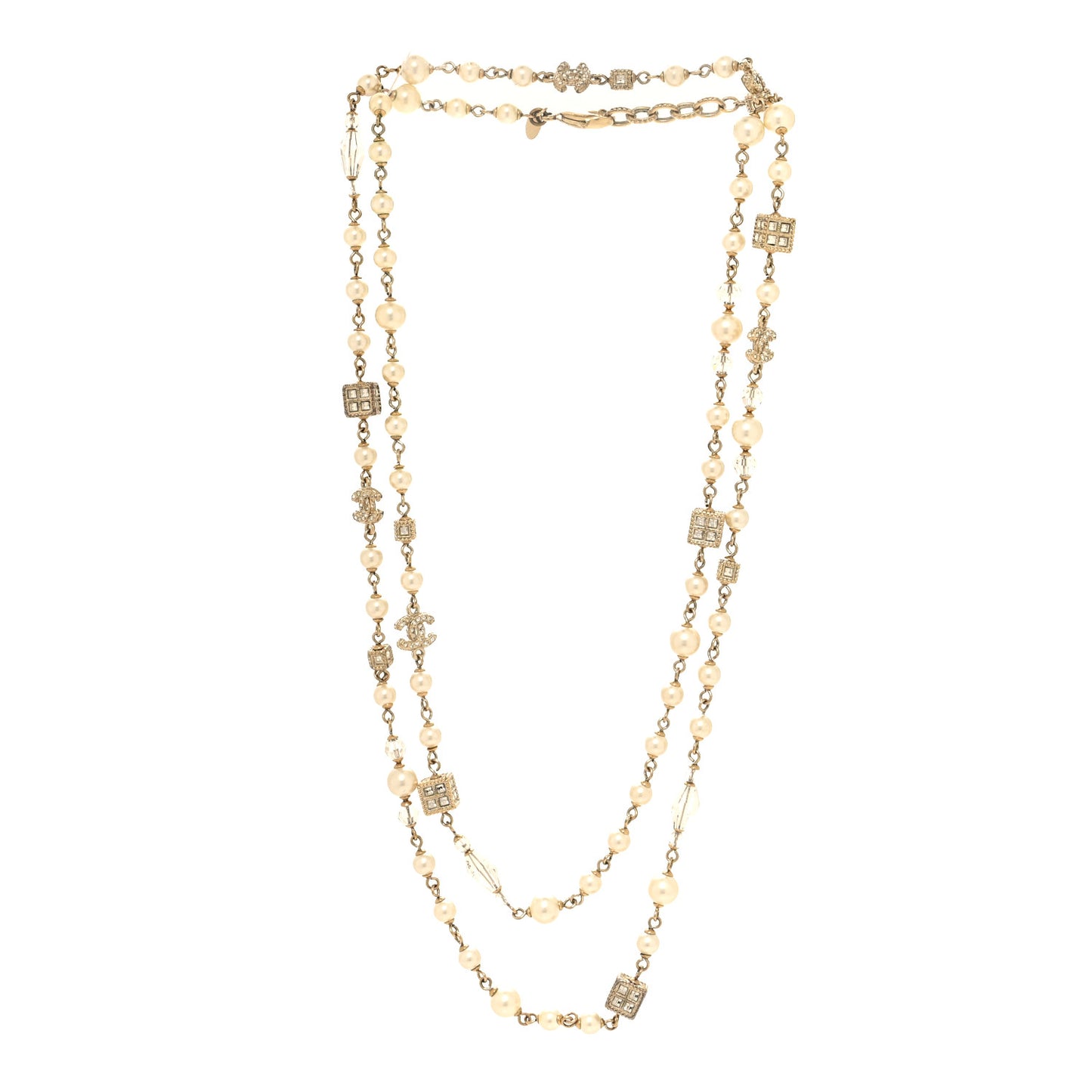 Pearl Bead Crystal CC Long Necklace Gold