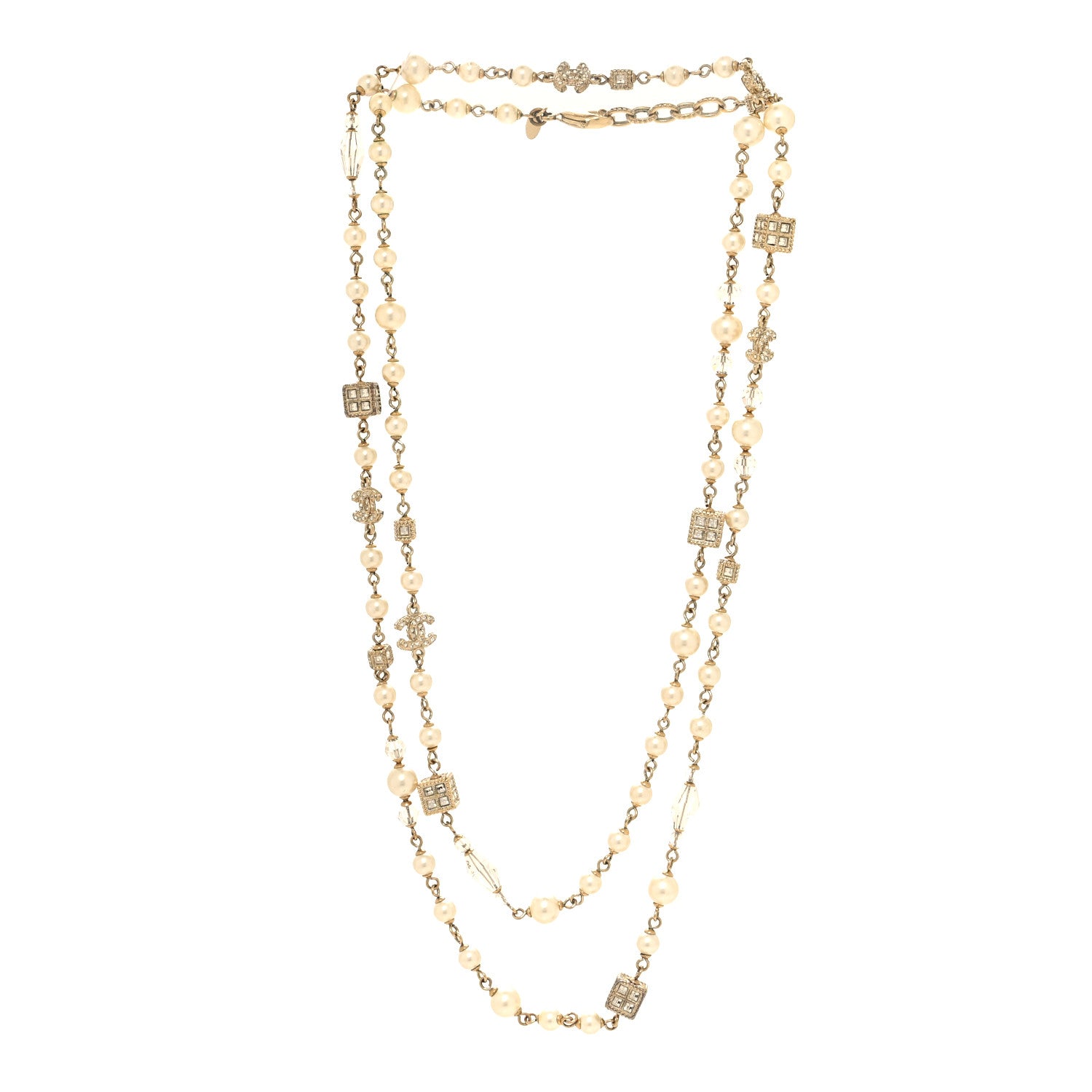 Chanel Pearl Bead Crystal CC Long Necklace Gold 3 of 6