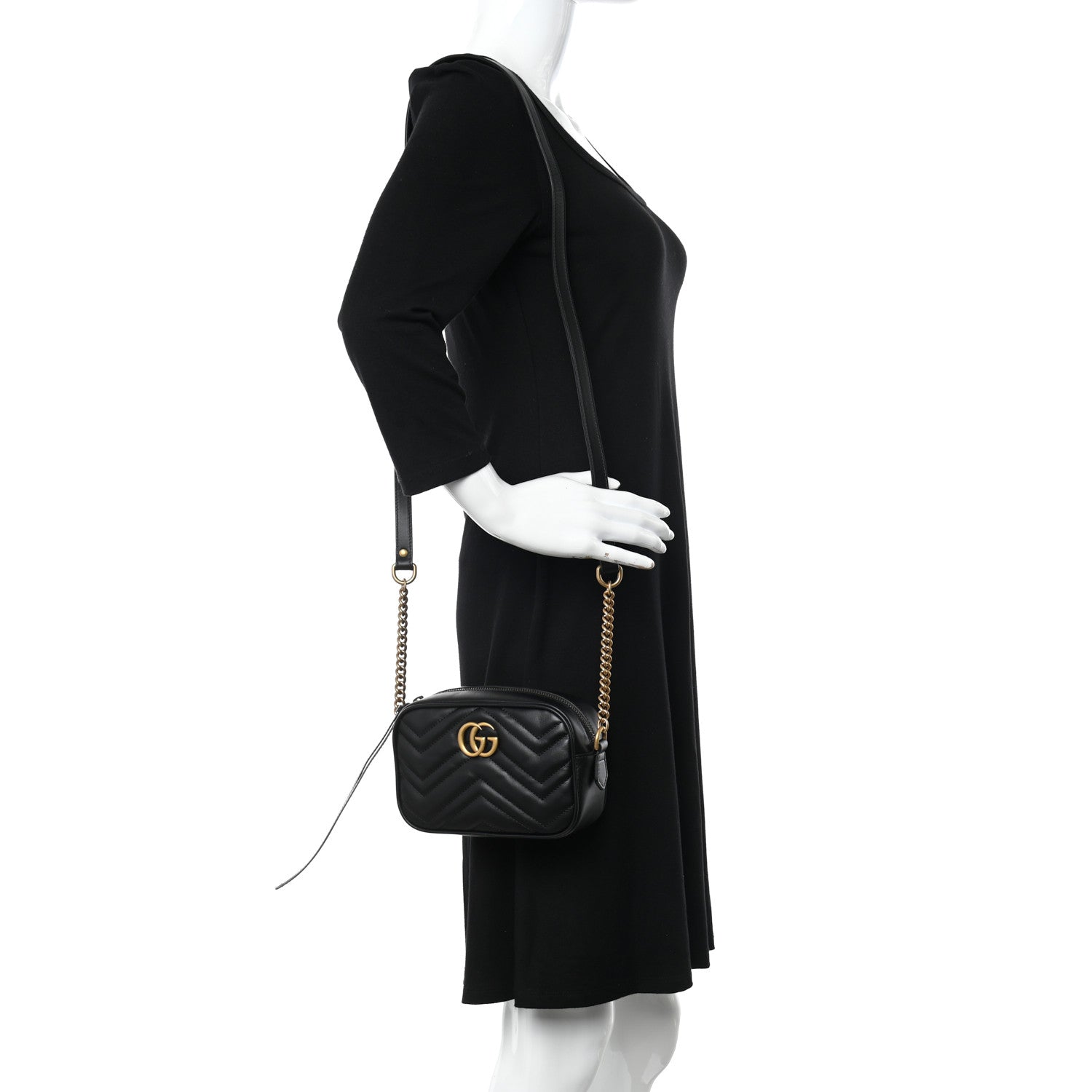 Gucci Calfskin Matelasse Mini GG Marmont Chain Shoulder Bag Black 2 of 11