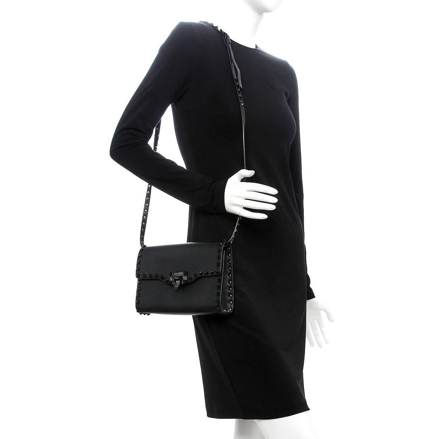 Vitello Monochrome Medium Rockstud Flip Lock Crossbody Bag Black