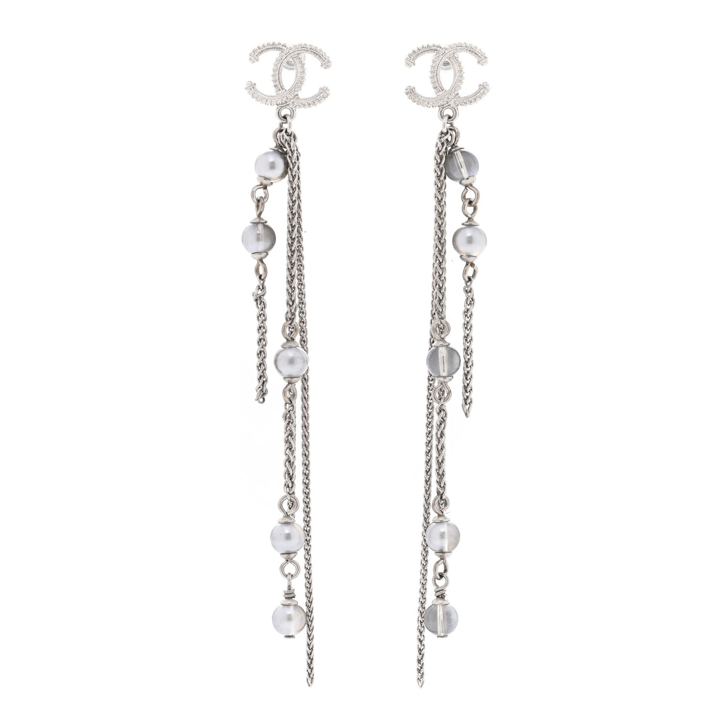 Metal Chain Pearl CC Drop Earrings Silver