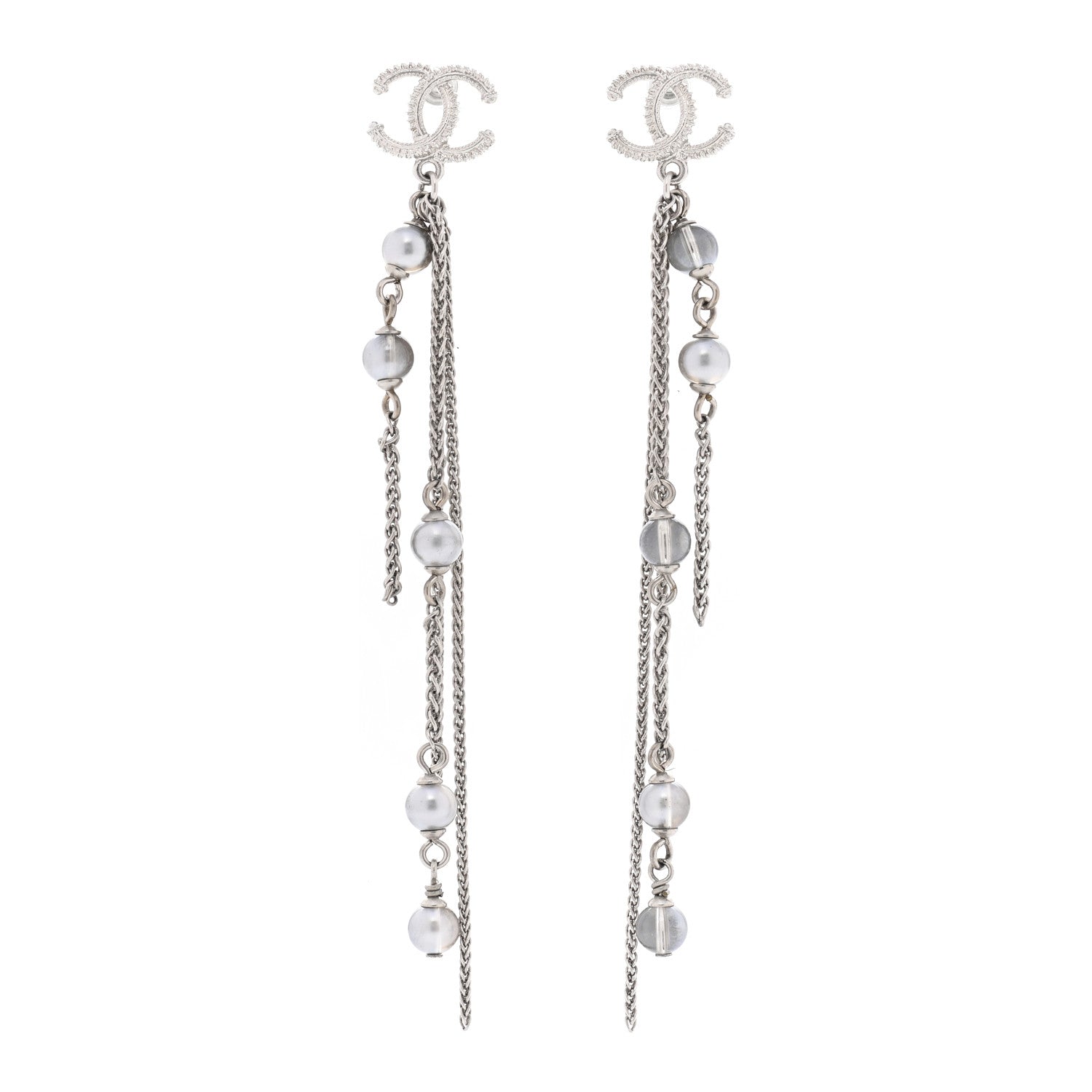 Chanel Metal Chain Pearl CC Drop Earrings Silver 1 of 5