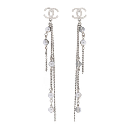Chanel Metal Chain Pearl CC Drop Earrings Silver 1 of 5
