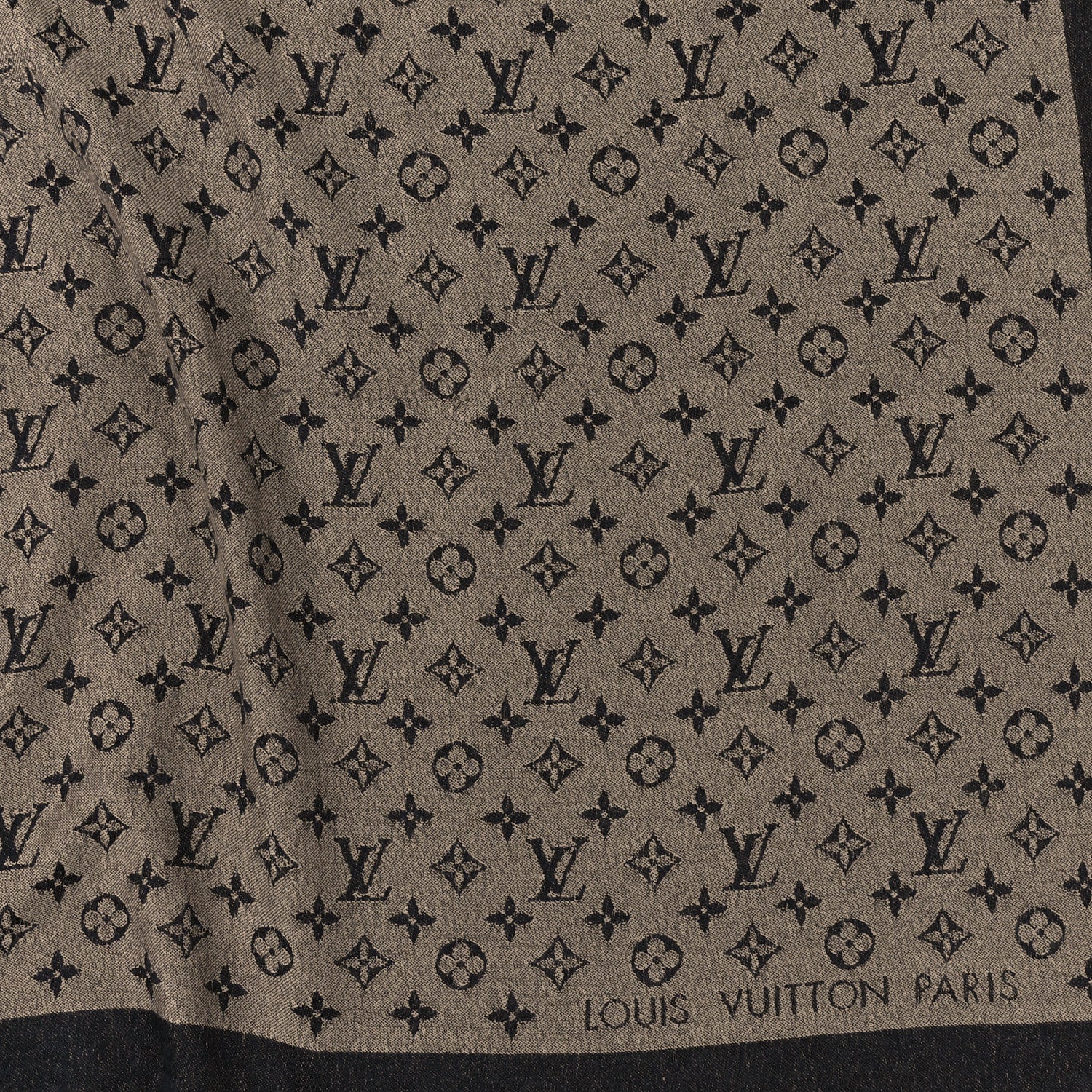 Louis Vuitton Wool Silk Monogram Denim Shawl Beige Black 2 of 3