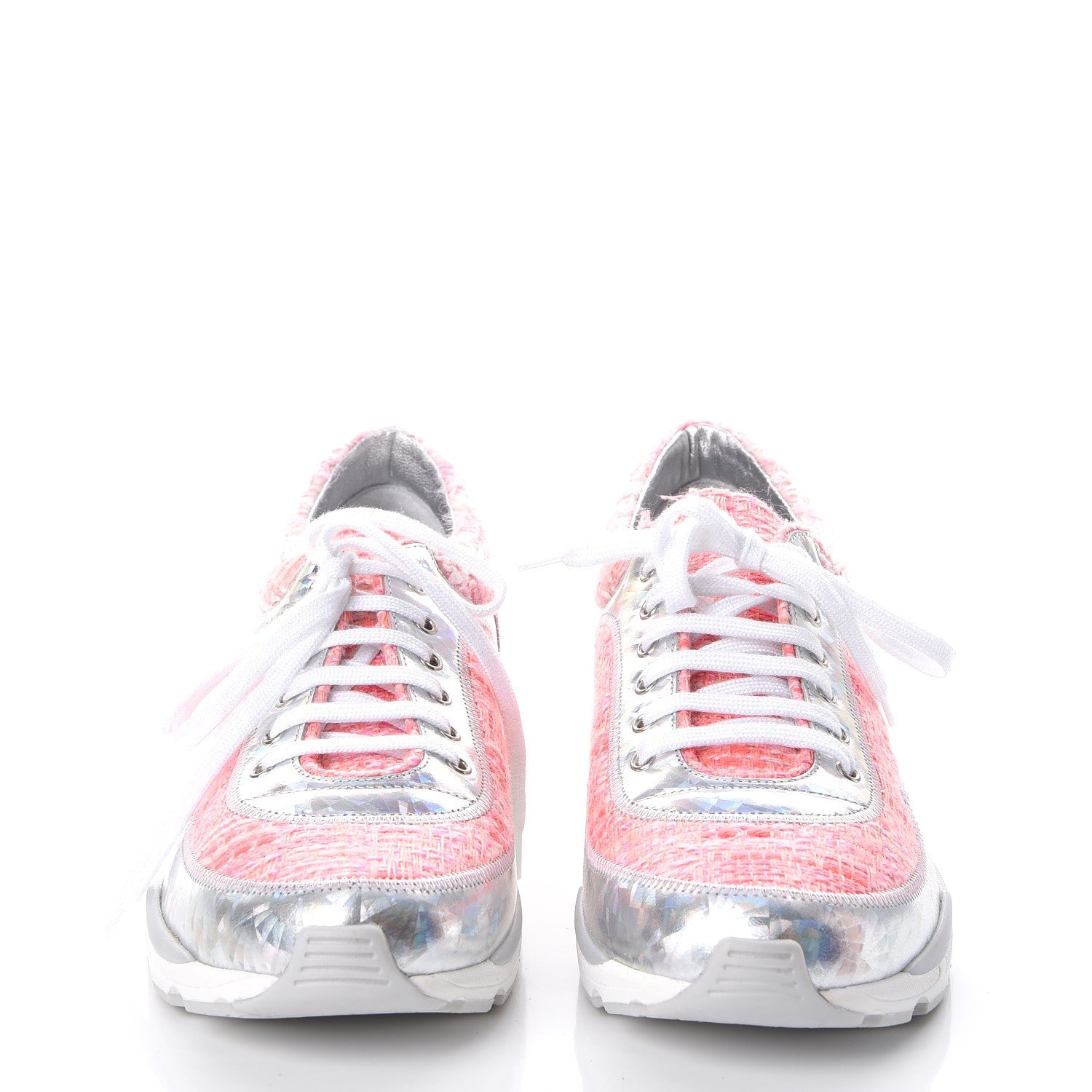 Chanel Tweed Suede Calfskin Sneakers 38 Silver Pink 2 of 8