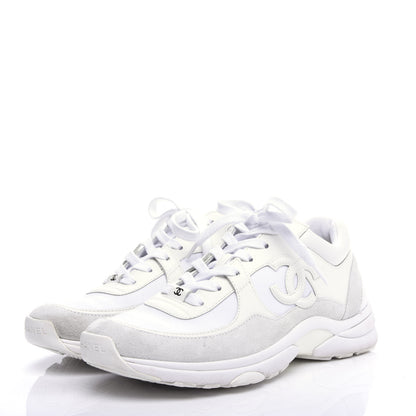 Chanel Suede Calfskin Fabric CC Sneakers 38.5 White 3 of 9