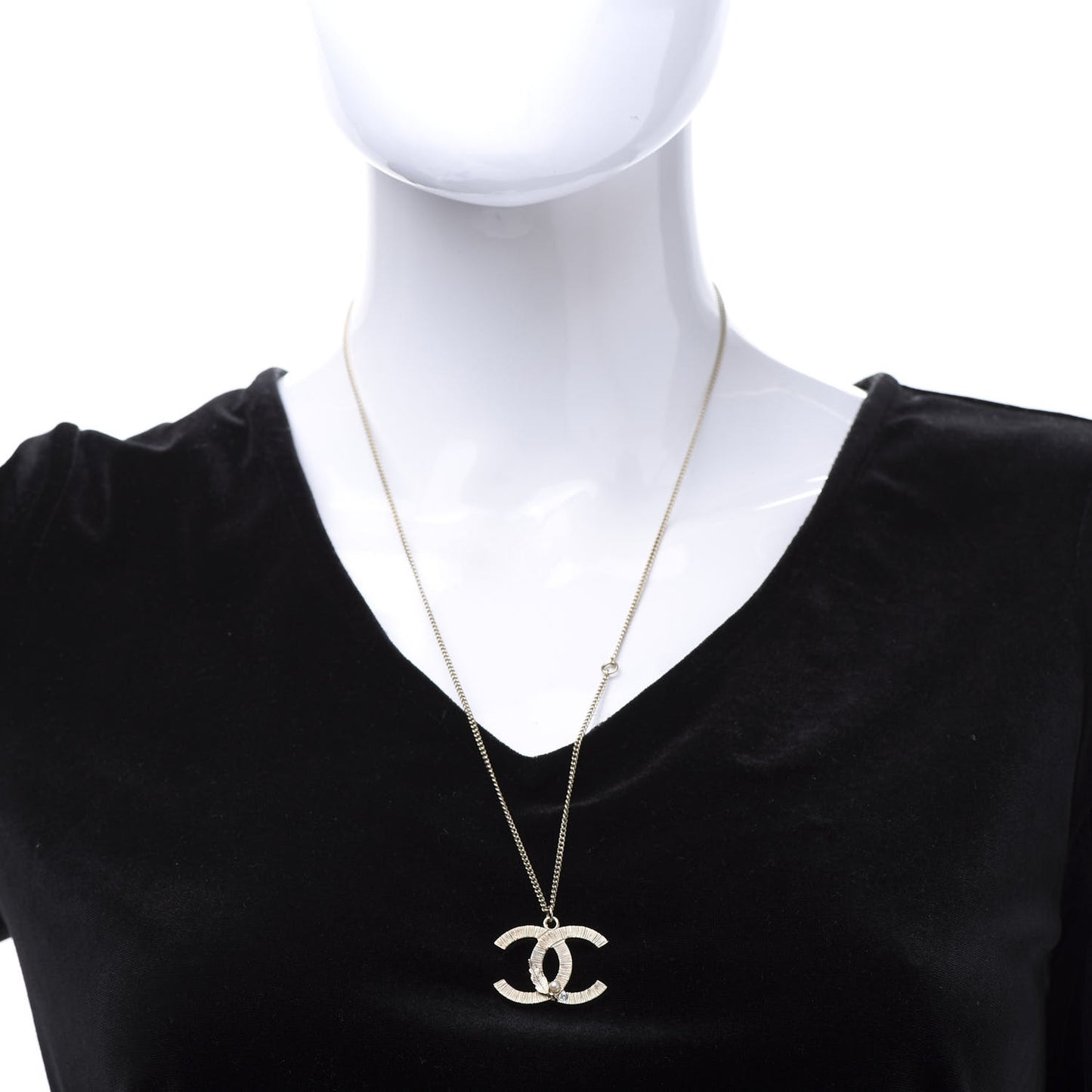 Pearl Crystal Feather CC Pendant Necklace Gold
