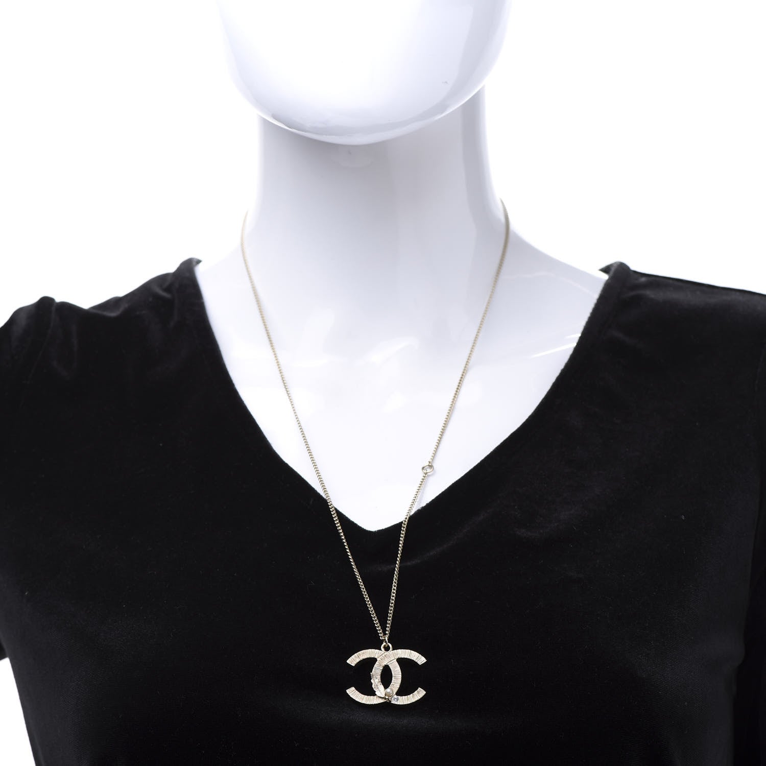 Chanel Pearl Crystal Feather CC Pendant Necklace Gold 2 of 6