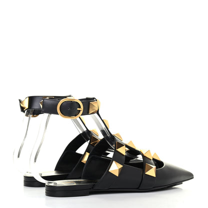 Valentino Garavani Calfskin Roman Stud Ankle Strap Flat Mules 37 Black 3 of 4