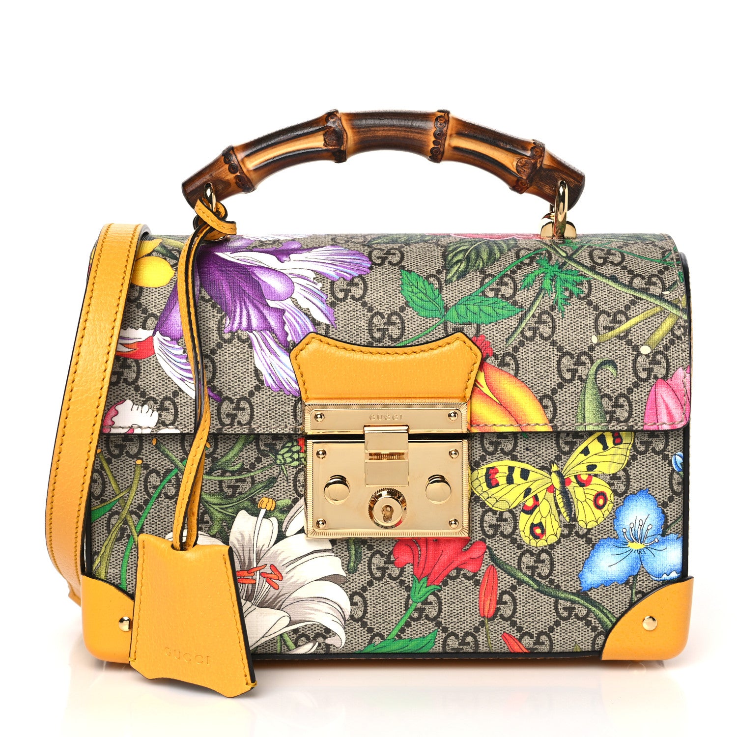 Gucci GG Supreme Monogram Flora Small Padlock Bamboo Shoulder Bag Beige Multicolor Crop 1 of 11