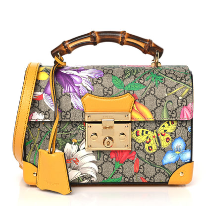 Gucci GG Supreme Monogram Flora Small Padlock Bamboo Shoulder Bag Beige Multicolor Crop 1 of 11