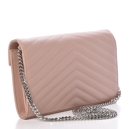 Saint Laurent Grain De Poudre Matelasse Chevron Monogram Chain Wallet Rose Antic 3 of 10