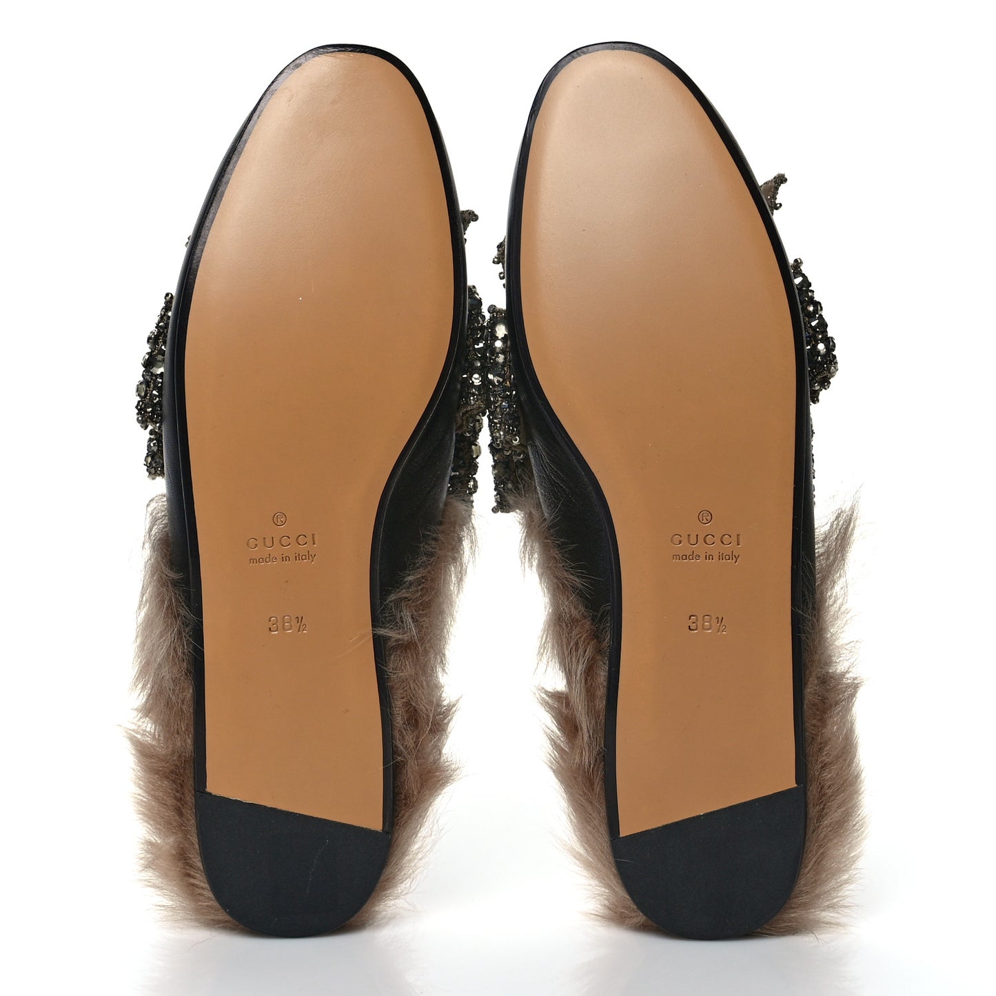 Malaga Kid Fur Crystal Bow Embroidered Womens Princetown Slippers 38.5 Black
