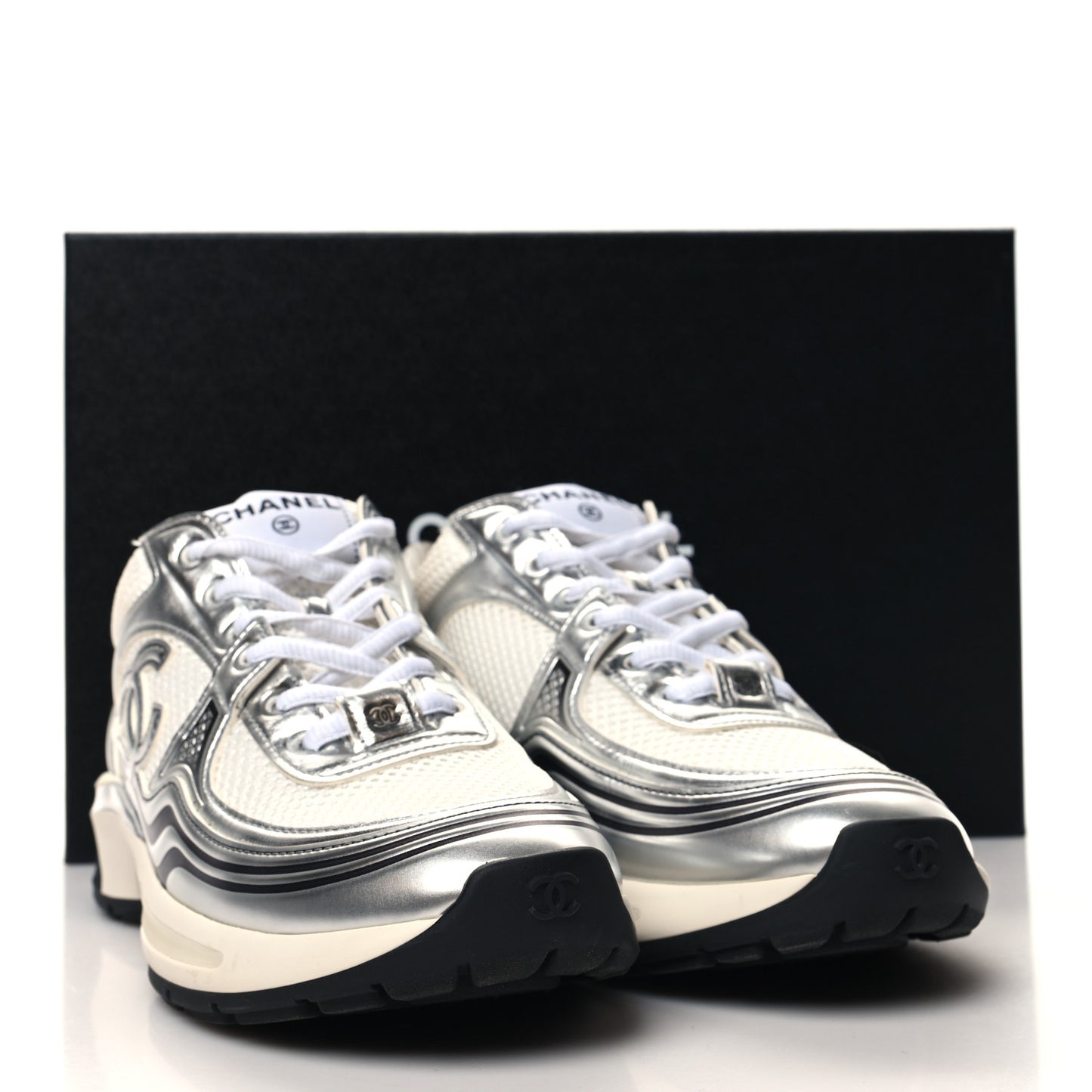 Fabric Laminated Calfskin Stretch CC Womens Sneakers 38 White Gold Silver