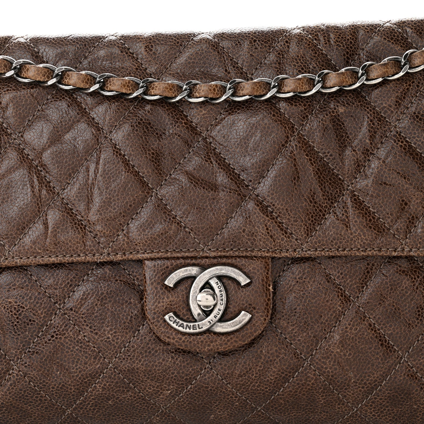 Crumpled Grained Calfskin Jumbo CC Crave Flap Brown